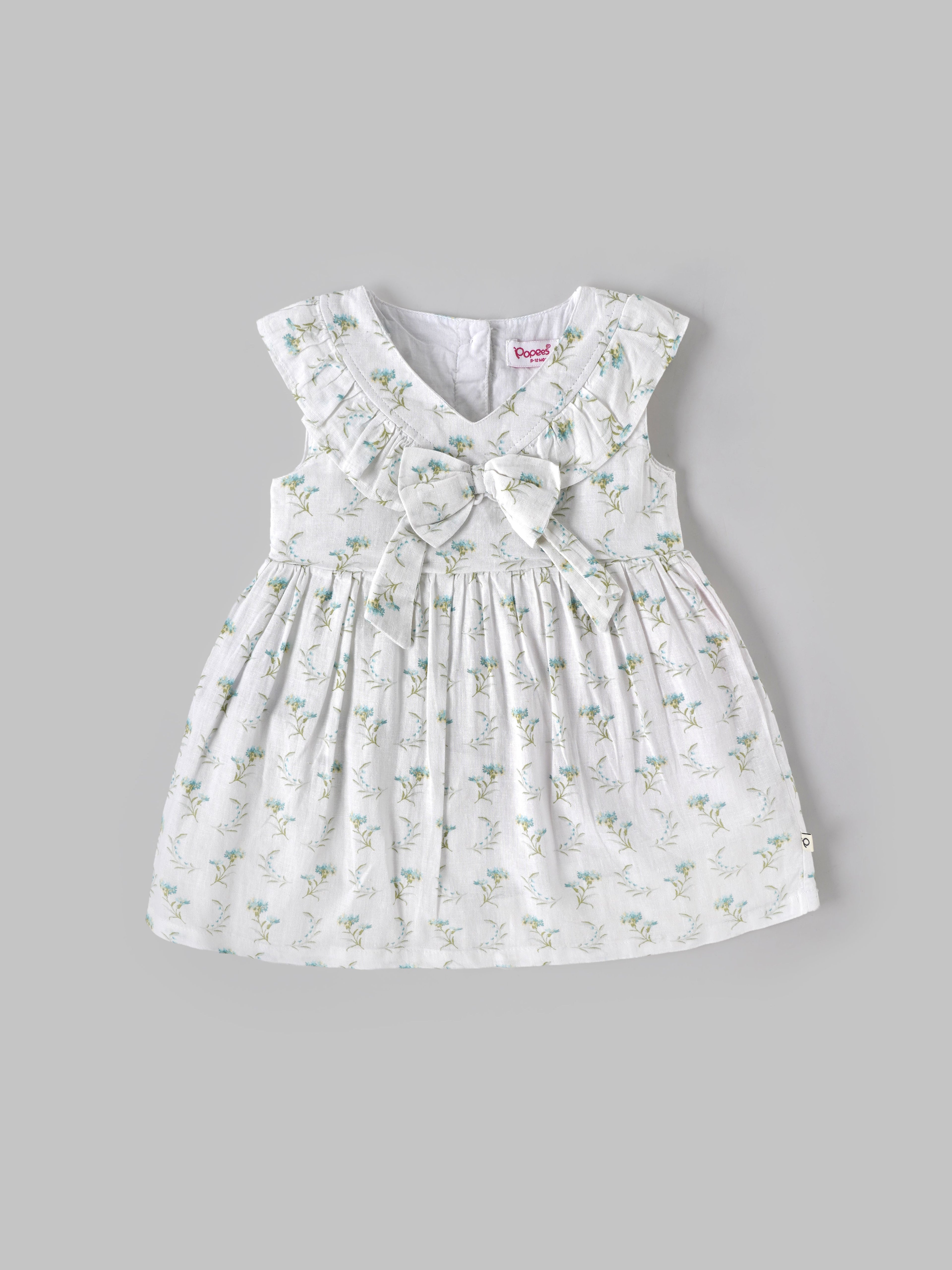 Baby Girls Floral Print Sleeveless Dress with Bow| White| 9 Months to 4 Years