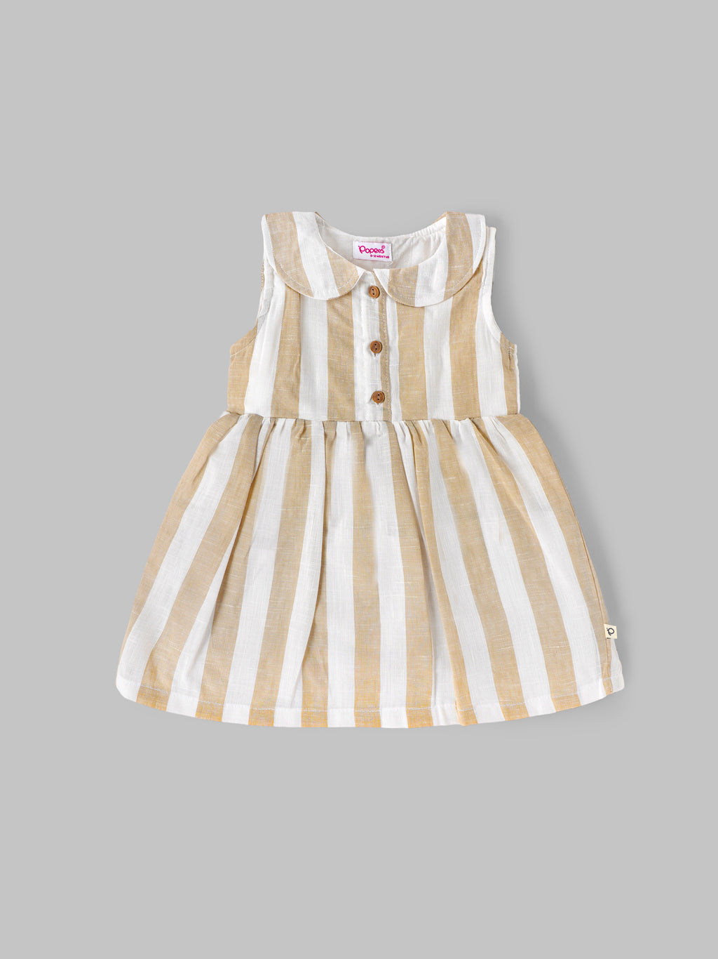 Popees Baby Girls Sleeveless Cotton Dress with Peter Pan Collar| Beige & White| 9 Months to 4 Years