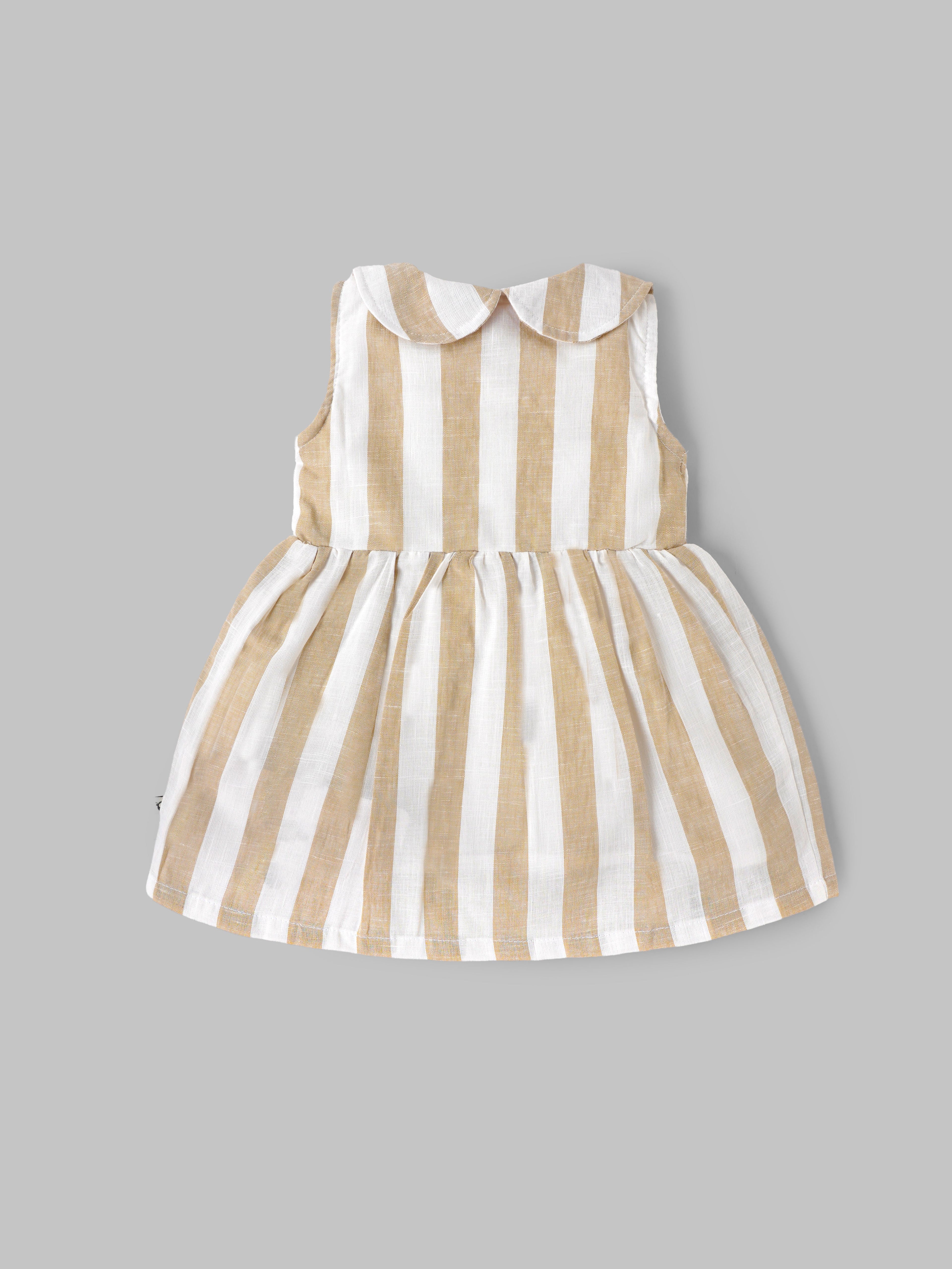 Popees Baby Girls Sleeveless Cotton Dress with Peter Pan Collar| Beige & White| 9 Months to 4 Years