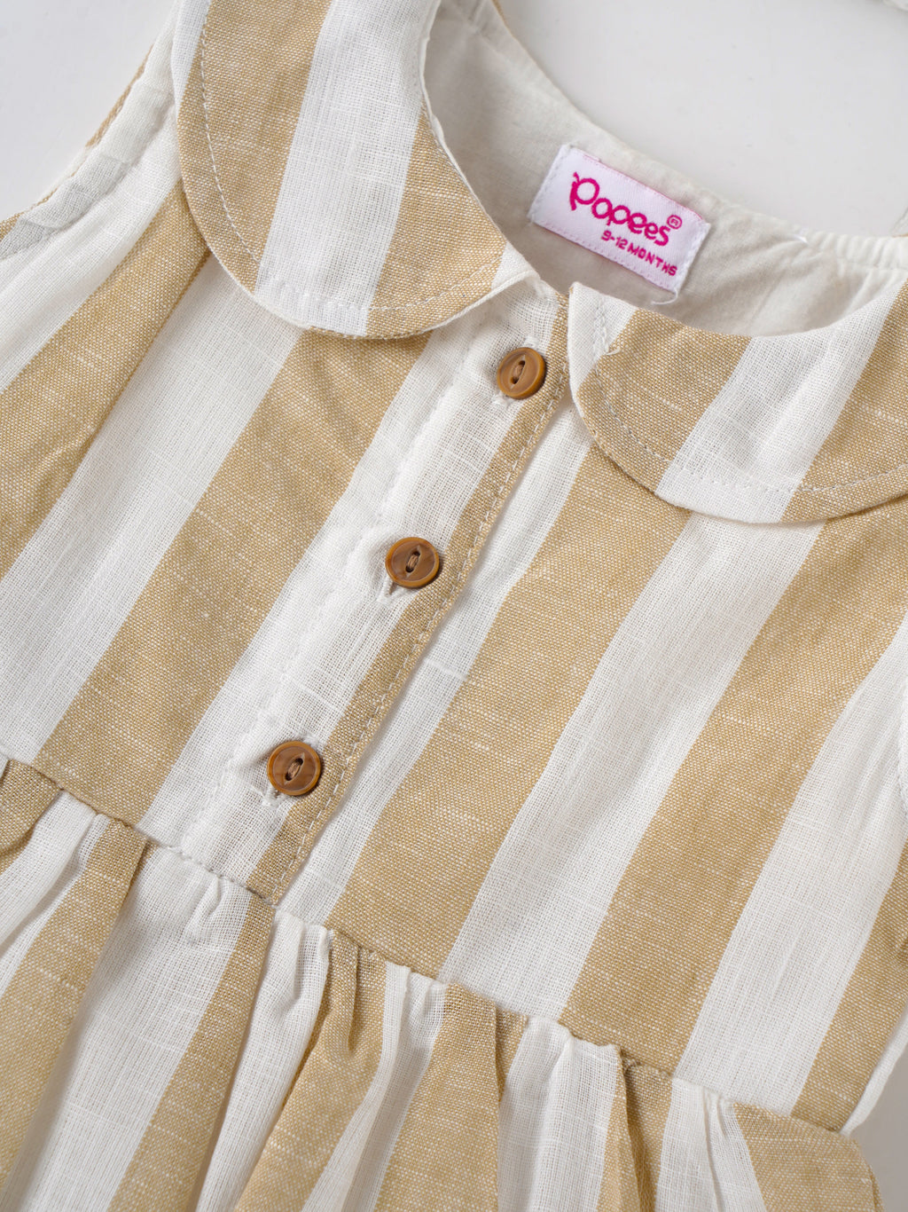 Popees Baby Girls Sleeveless Cotton Dress with Peter Pan Collar| Beige & White| 9 Months to 4 Years
