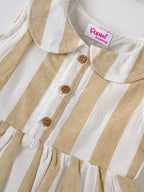Popees Baby Girls Sleeveless Cotton Dress with Peter Pan Collar| Beige & White| 9 Months to 4 Years