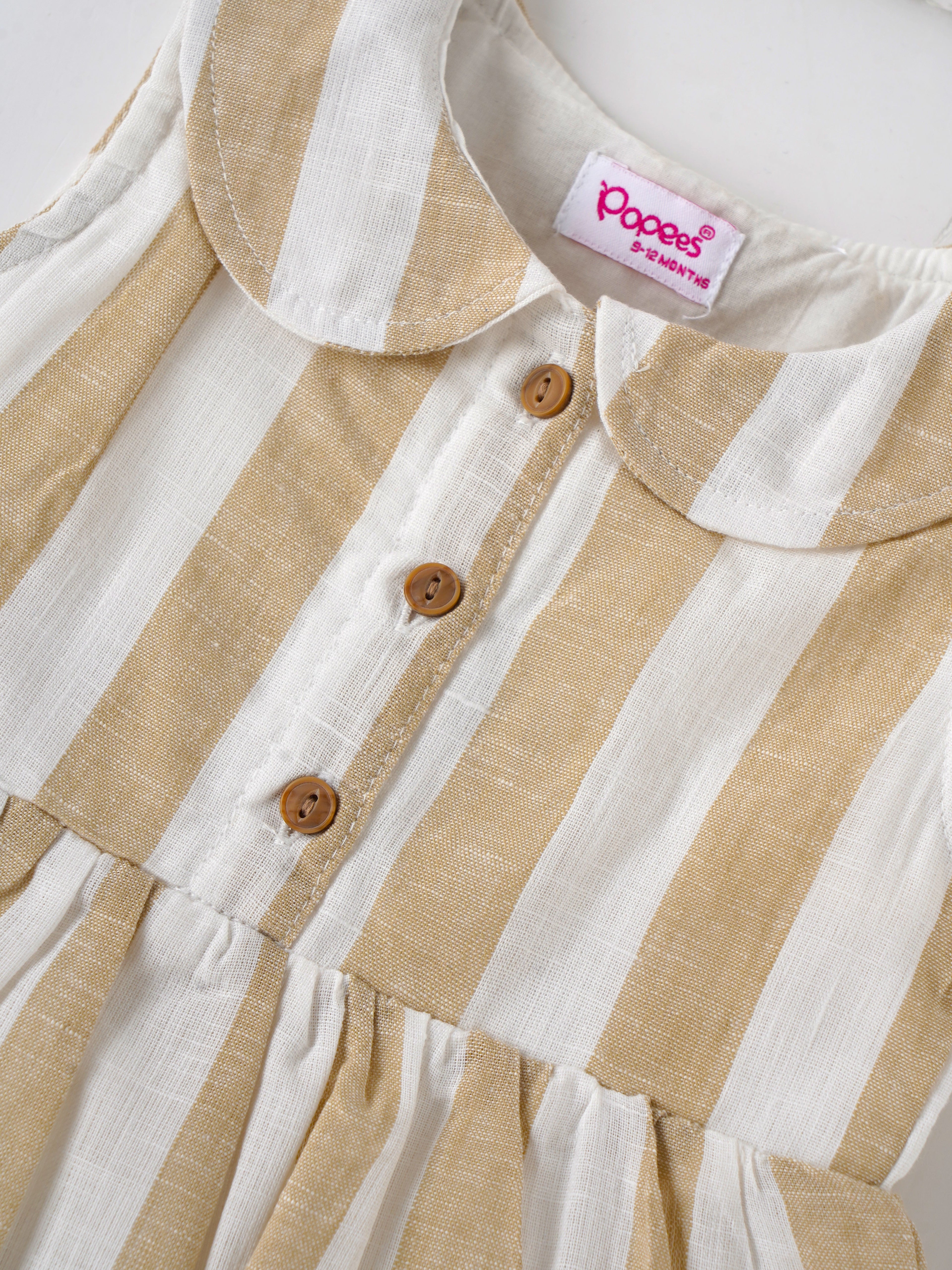 Popees Baby Girls Sleeveless Cotton Dress with Peter Pan Collar| Beige & White| 9 Months to 4 Years