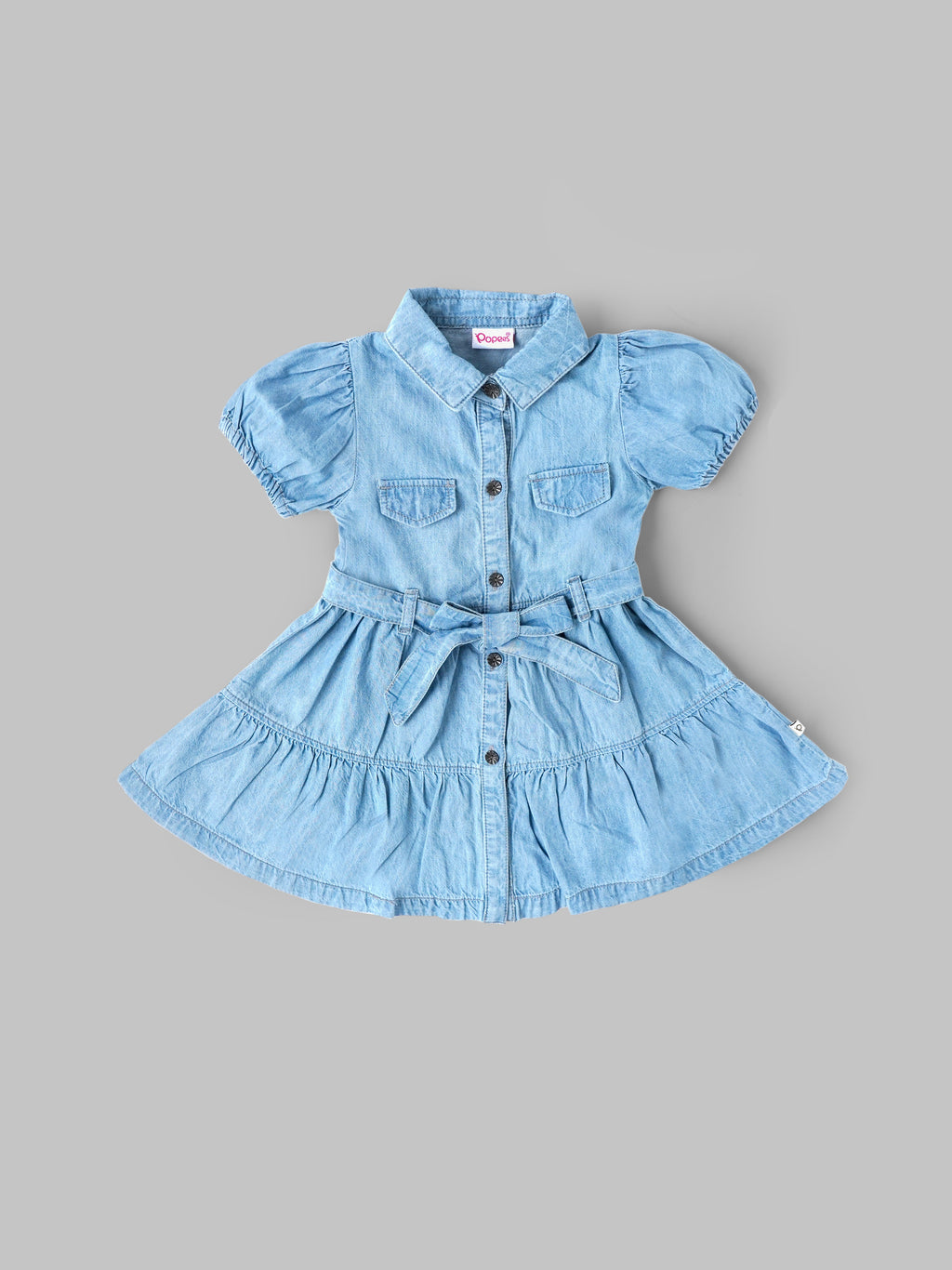 Popees Girls Denim Fit & Flare Dress with Belt | Soft Cotton Denim Dress for Kids (9M–4Y)