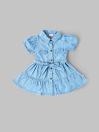Popees Girls Denim Fit & Flare Dress with Belt | Soft Cotton Denim Dress for Kids (9M–4Y)