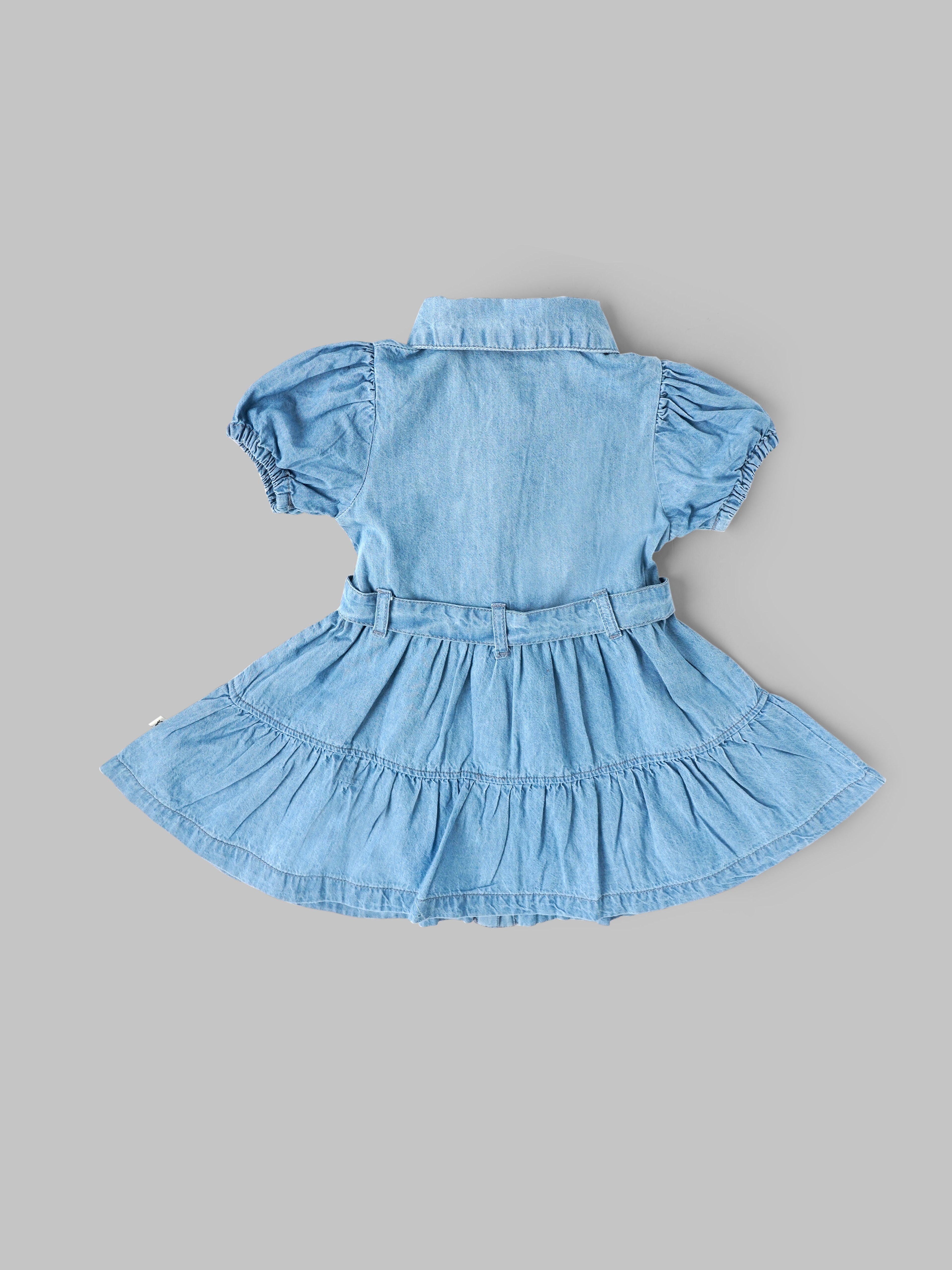 Popees Girls Denim Fit & Flare Dress with Belt | Soft Cotton Denim Dress for Kids (9M–4Y)