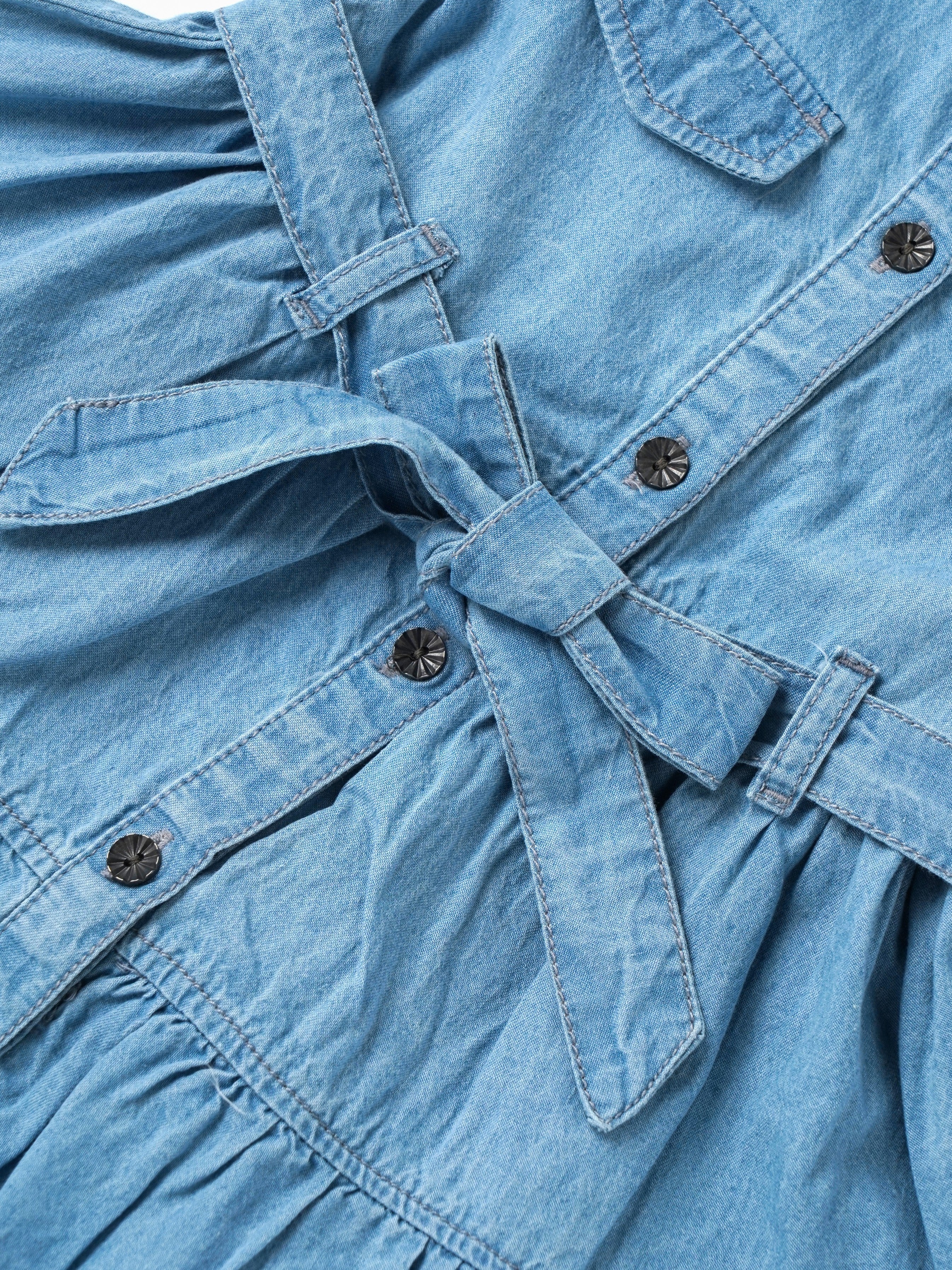 Popees Girls Denim Fit & Flare Dress with Belt | Soft Cotton Denim Dress for Kids (9M–4Y)