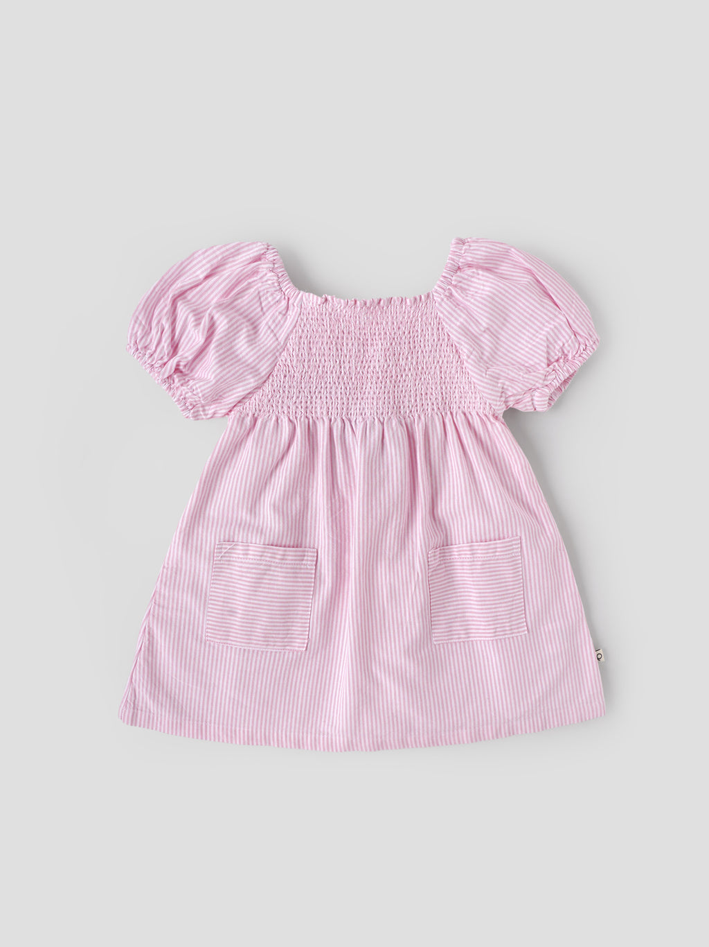 Popees Baby Girls Pink & White Striped Cotton Dress|Smocked Bodice Puff Sleeve Casual Summer Outfit with Pockets |9 Months to 4 Years