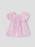 Popees Baby Girls Pink & White Striped Cotton Dress|Smocked Bodice Puff Sleeve Casual Summer Outfit with Pockets |9 Months to 4 Years