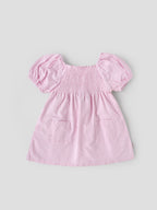 Popees Baby Girls Pink & White Striped Cotton Dress|Smocked Bodice Puff Sleeve Casual Summer Outfit with Pockets |9 Months to 4 Years