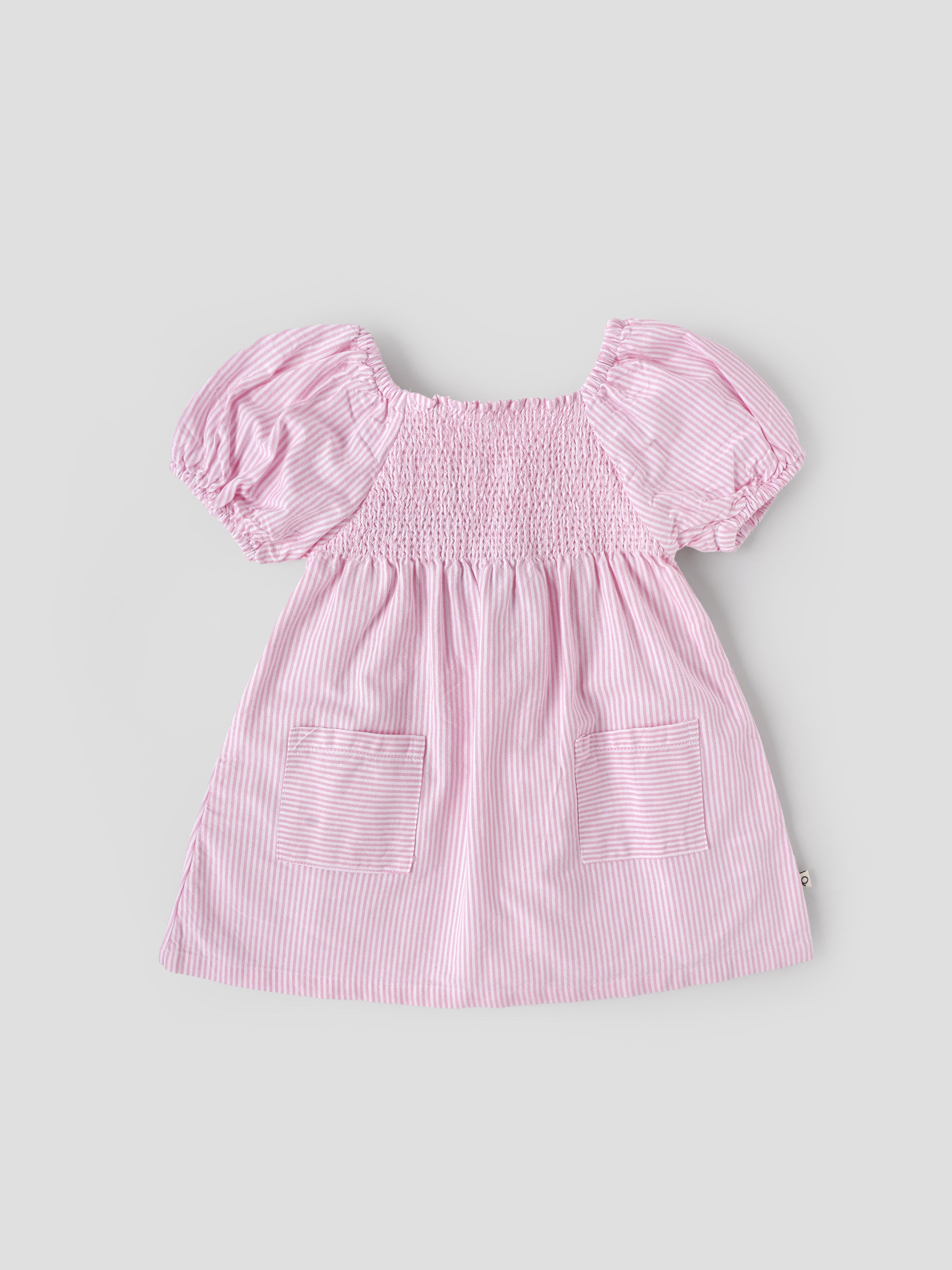 Popees Baby Girls Pink & White Striped Cotton Dress|Smocked Bodice Puff Sleeve Casual Summer Outfit with Pockets |9 Months to 4 Years