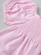 Popees Baby Girls Pink & White Striped Cotton Dress|Smocked Bodice Puff Sleeve Casual Summer Outfit with Pockets |9 Months to 4 Years