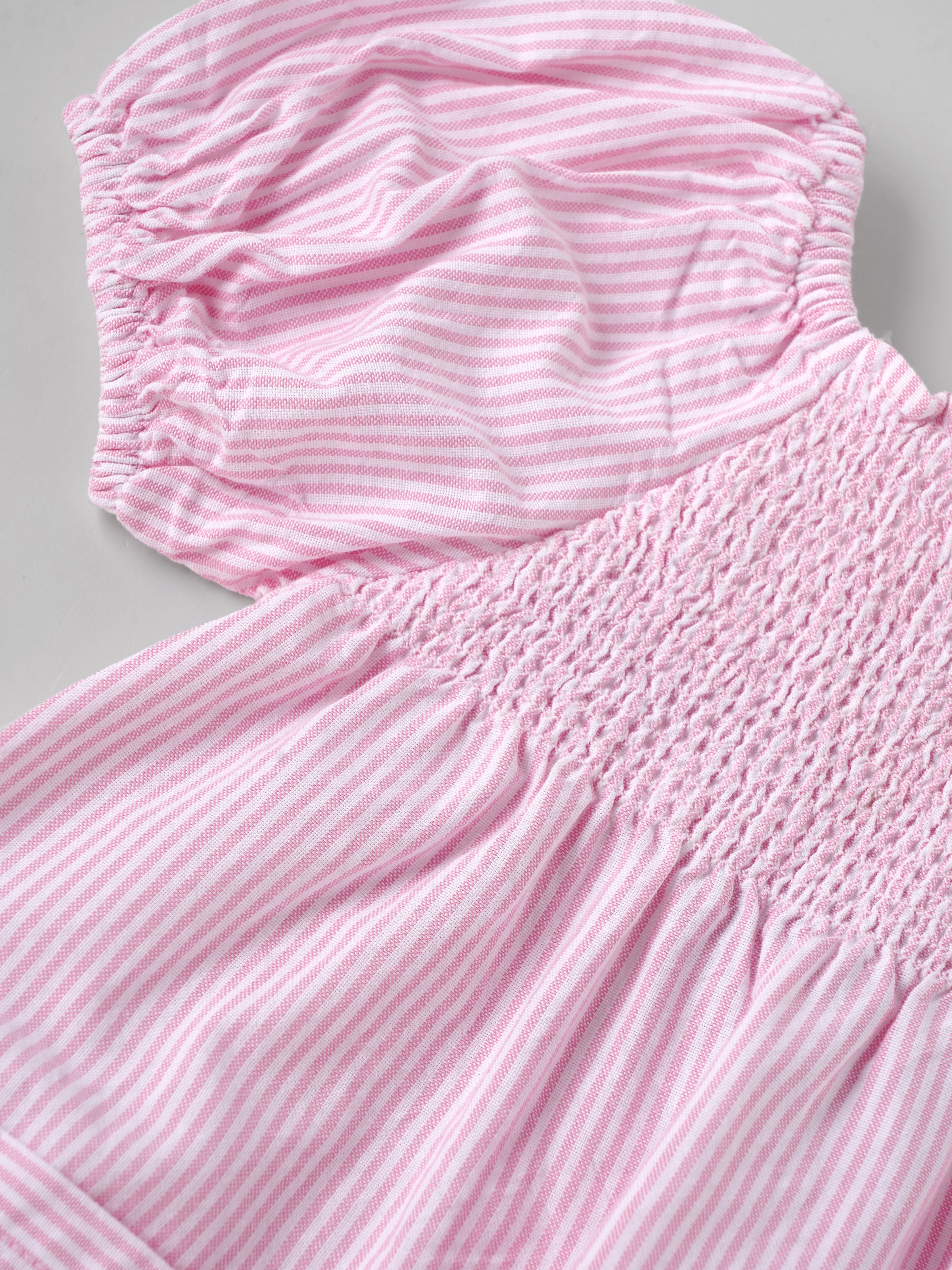 Popees Baby Girls Pink & White Striped Cotton Dress|Smocked Bodice Puff Sleeve Casual Summer Outfit with Pockets |9 Months to 4 Years