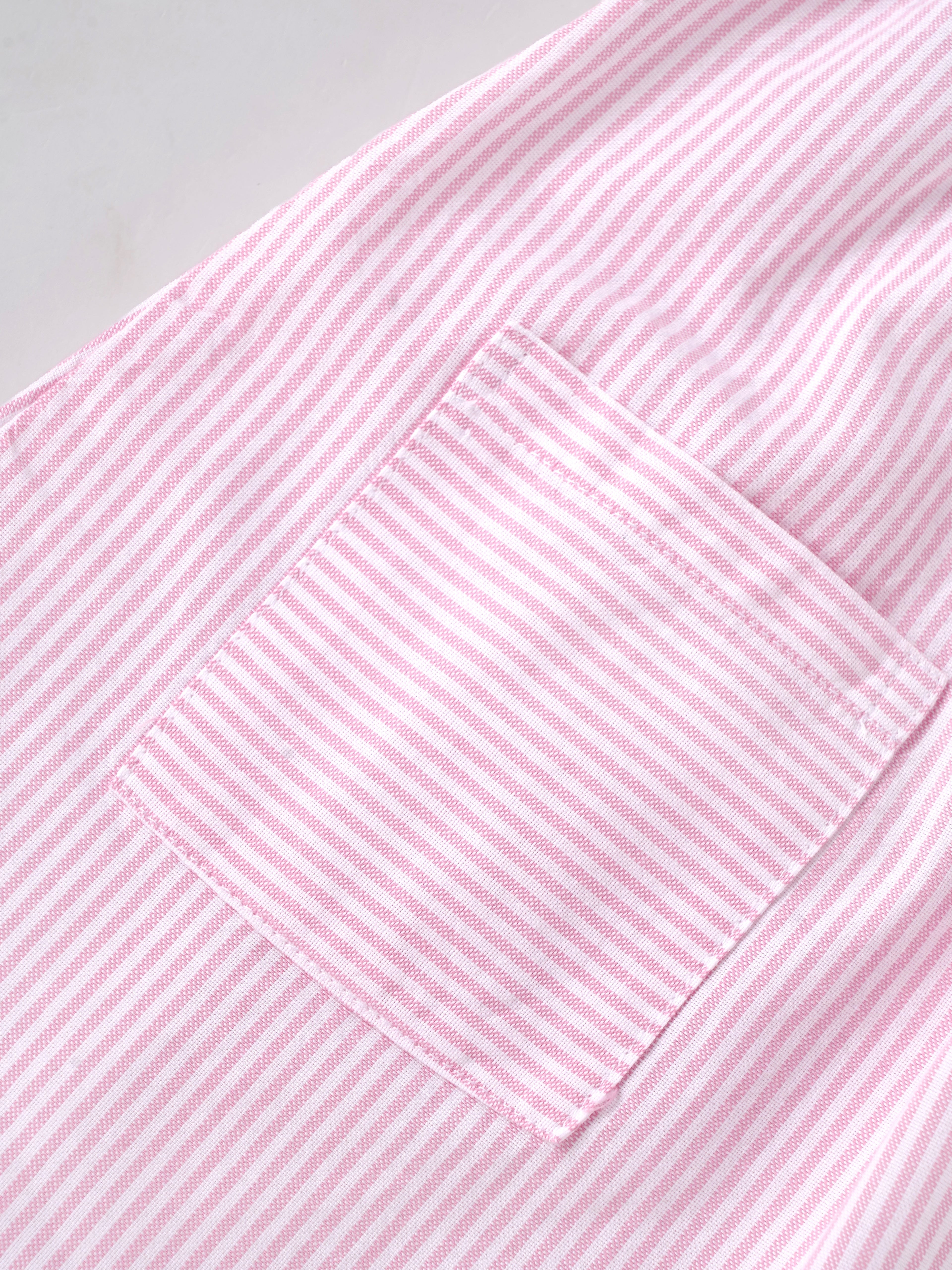 Popees Baby Girls Pink & White Striped Cotton Dress|Smocked Bodice Puff Sleeve Casual Summer Outfit with Pockets |9 Months to 4 Years