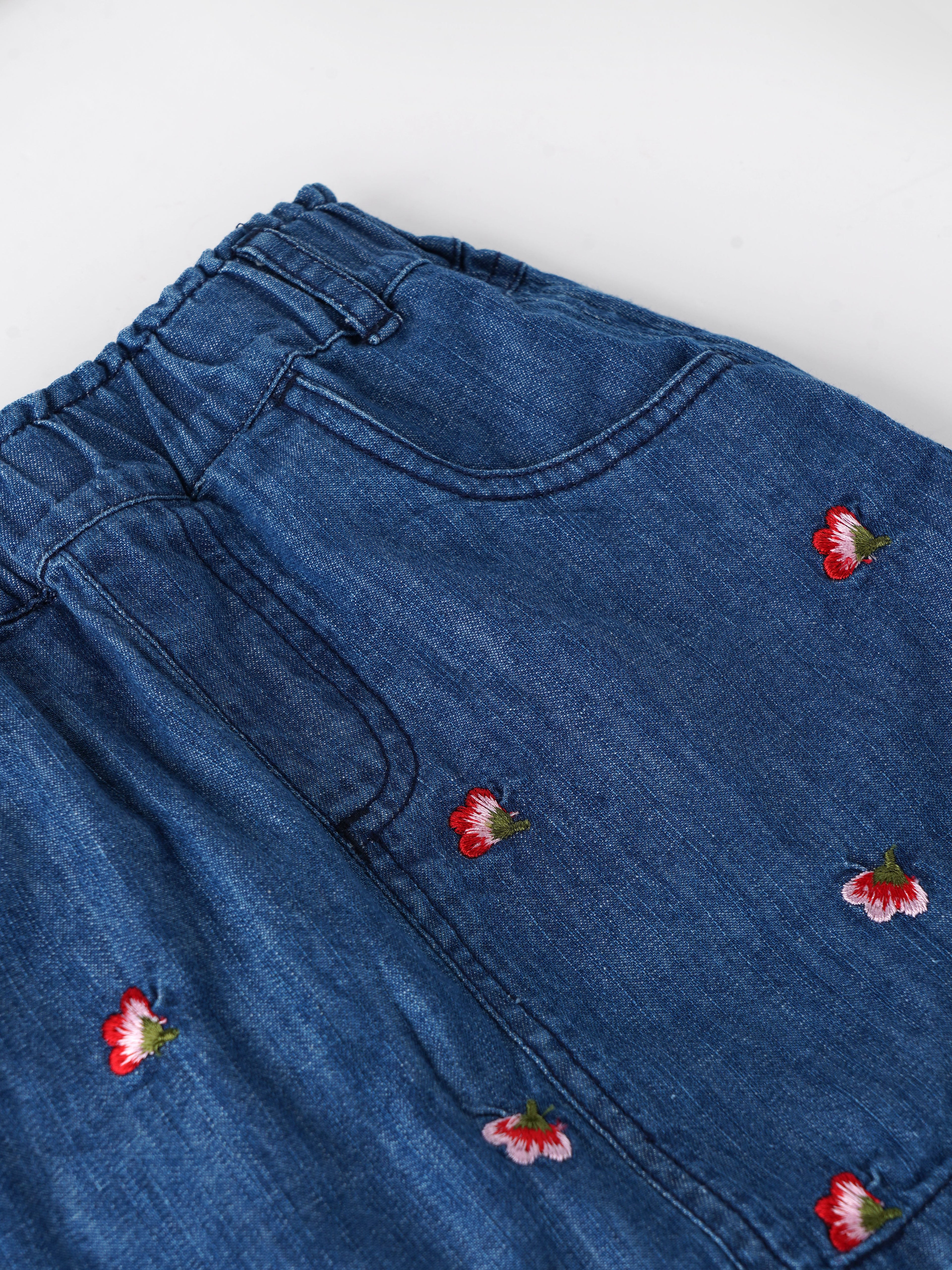 Popees Fashionable Floral Embroidered Denim Knee Length Skirt (1-8 Years) for Girls