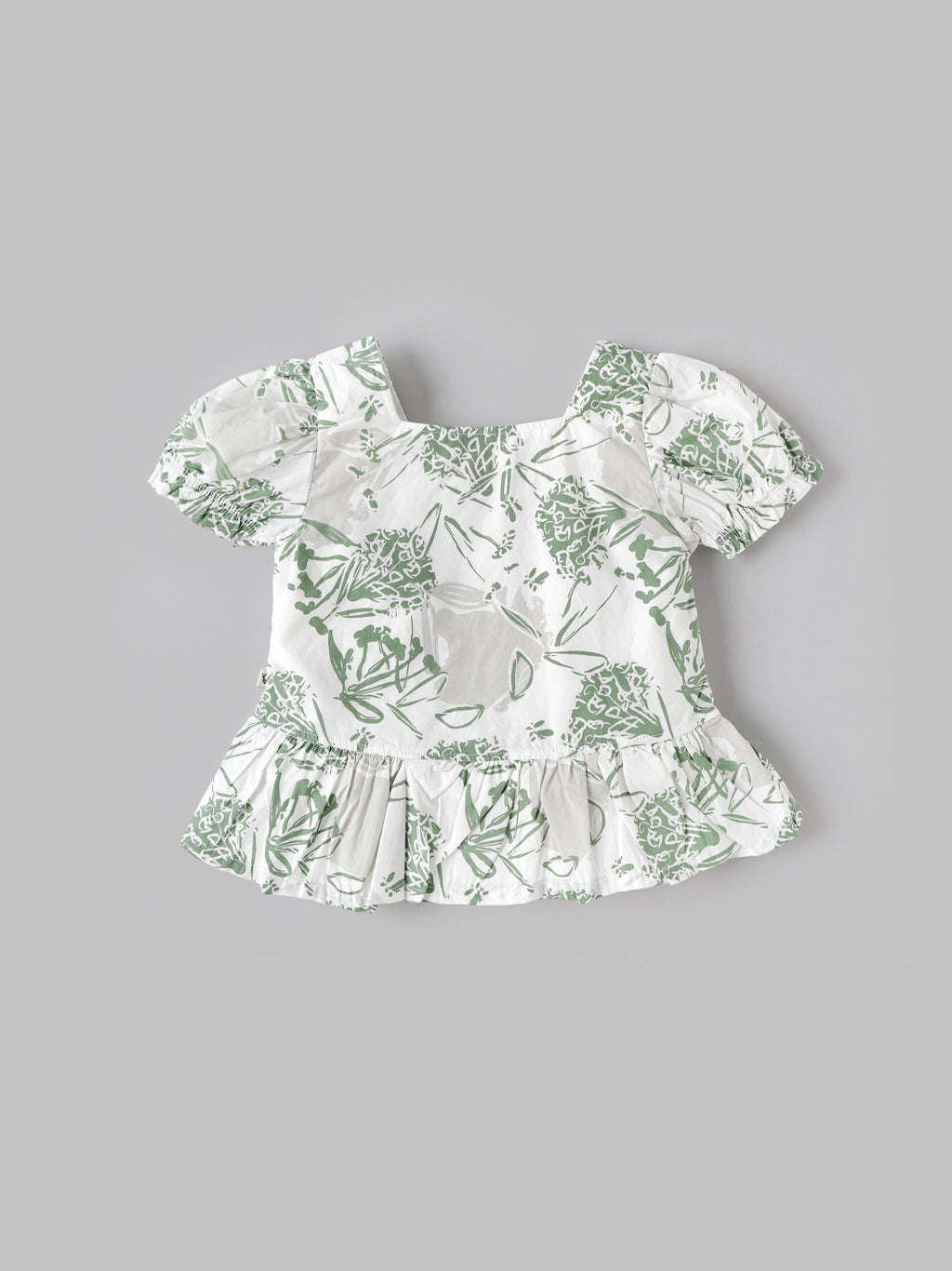 Popees Baby Girls Green Floral Print Peplum Top with Puff Sleeves| 9 Months–4 Years