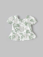 Popees Baby Girls Green Floral Print Peplum Top with Puff Sleeves| 9 Months–4 Years