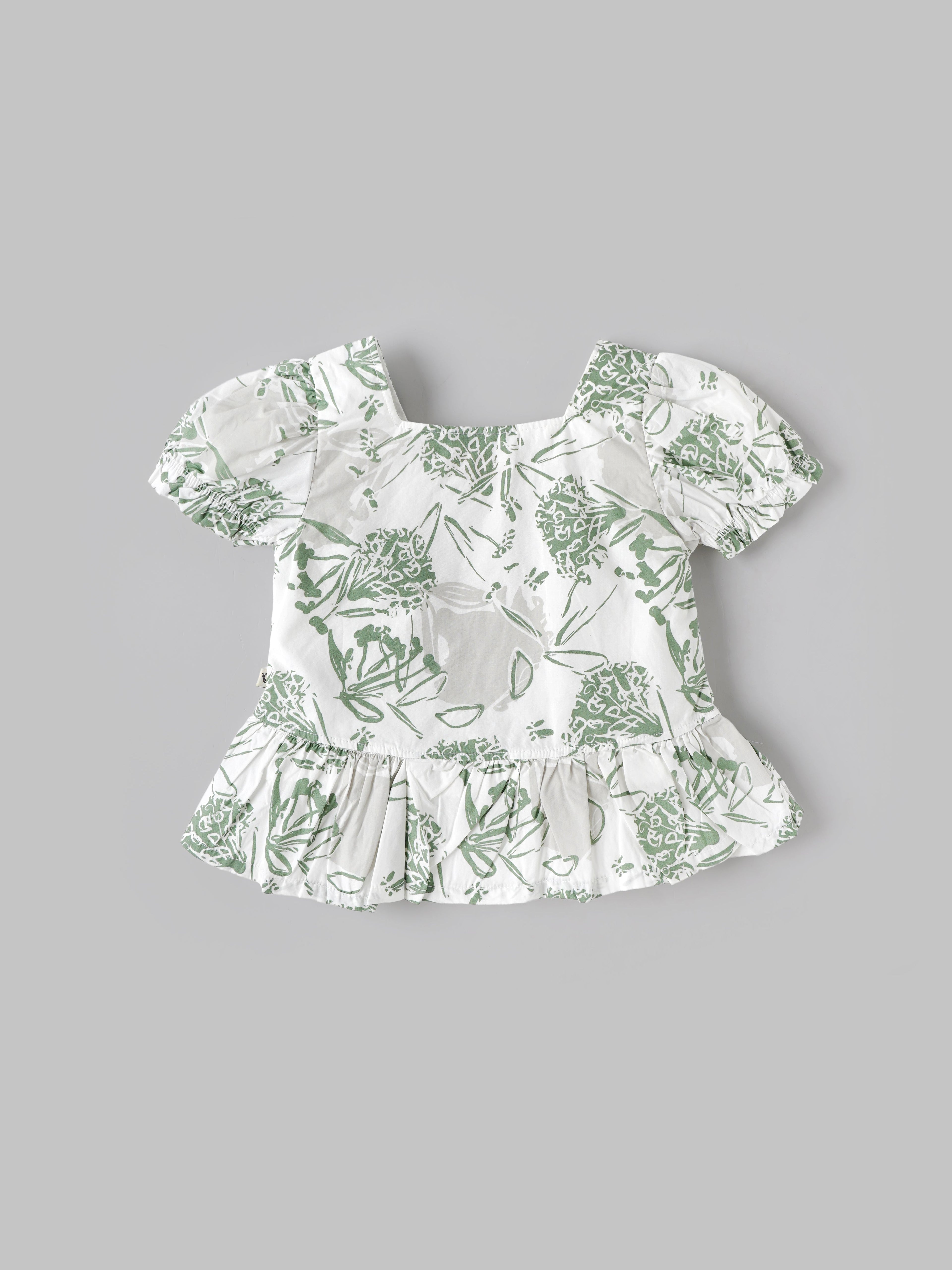 Popees Baby Girls Green Floral Print Peplum Top with Puff Sleeves| 9 Months–4 Years