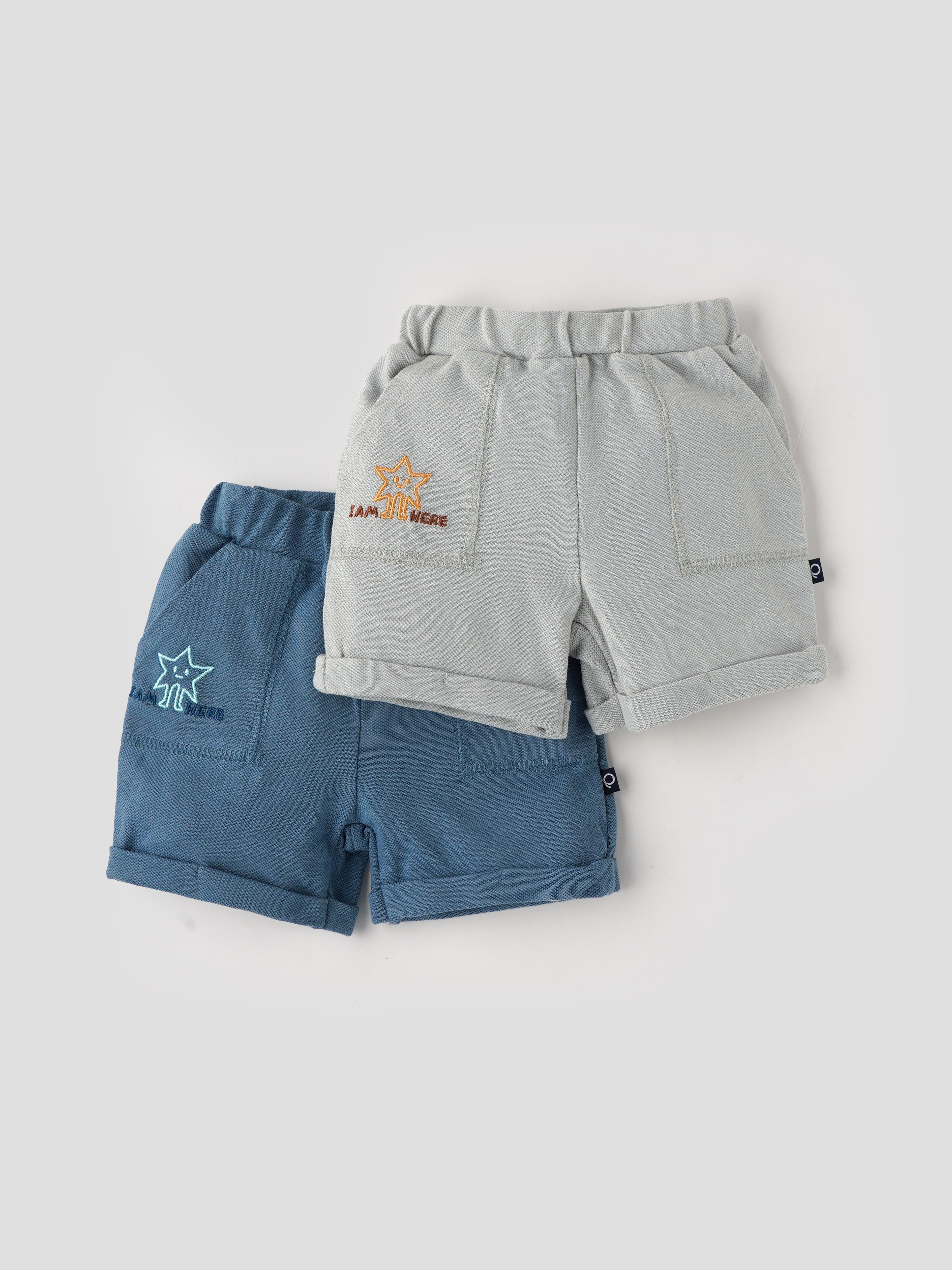 Popees Baby Boys Cotton Shorts| Blue / Light Grey| 0-9 Months