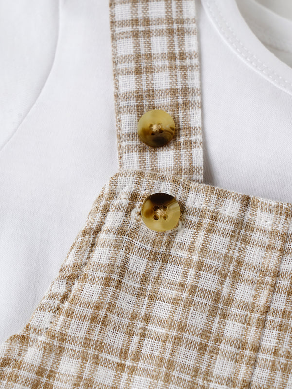 Popees Classic Checkered Overalls with White T-Shirt for a Stylish Look Dungaree Set (3–24 Months)for Baby Boys