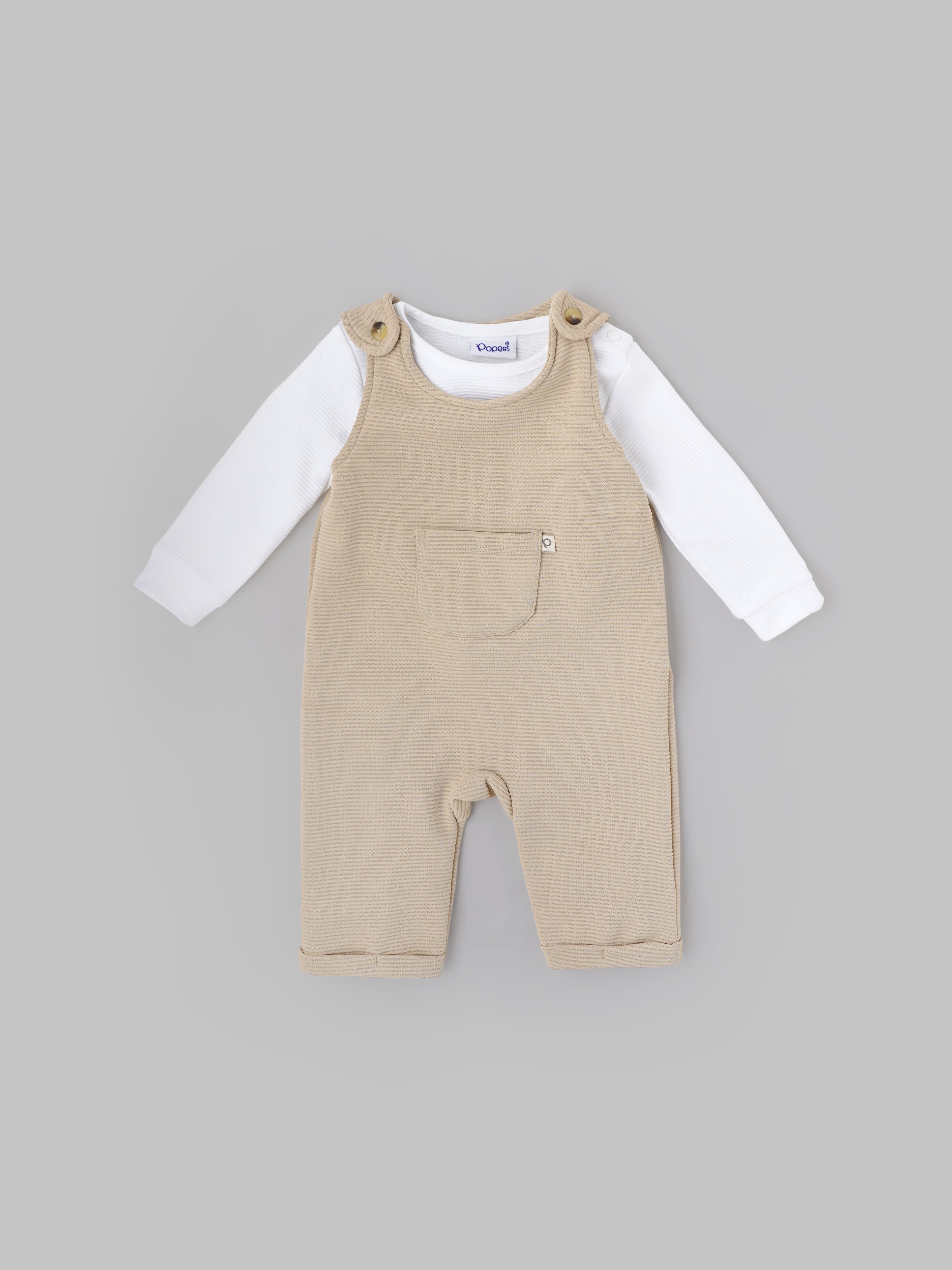 Popees Baby Boys Cotton Dungaree Set with Inner T-Shirt| Beige| 3-36 Months