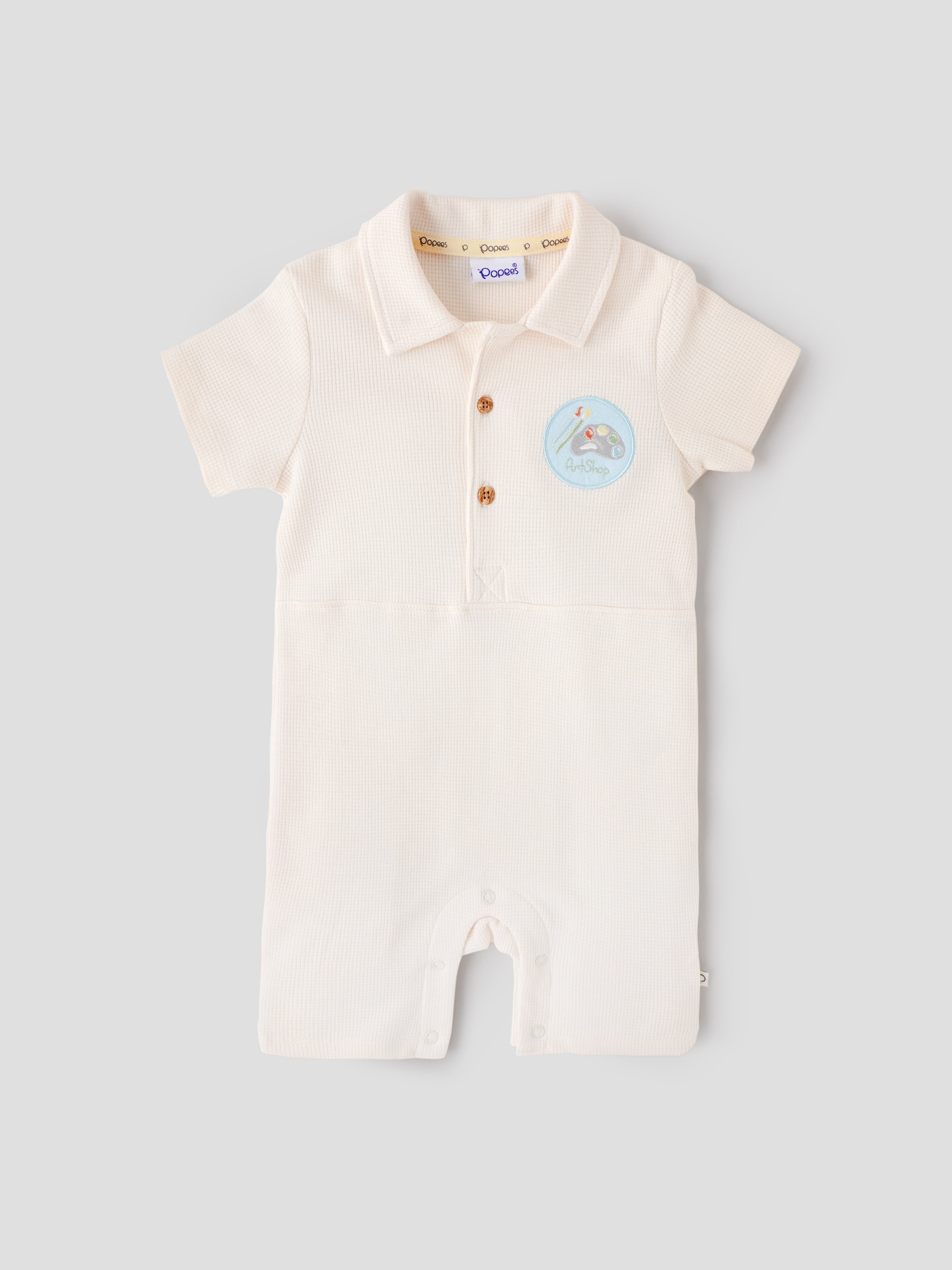 Popees Baby Boys Cotton Waffle Romper |Polo Collar Onesie (3–24 Months)