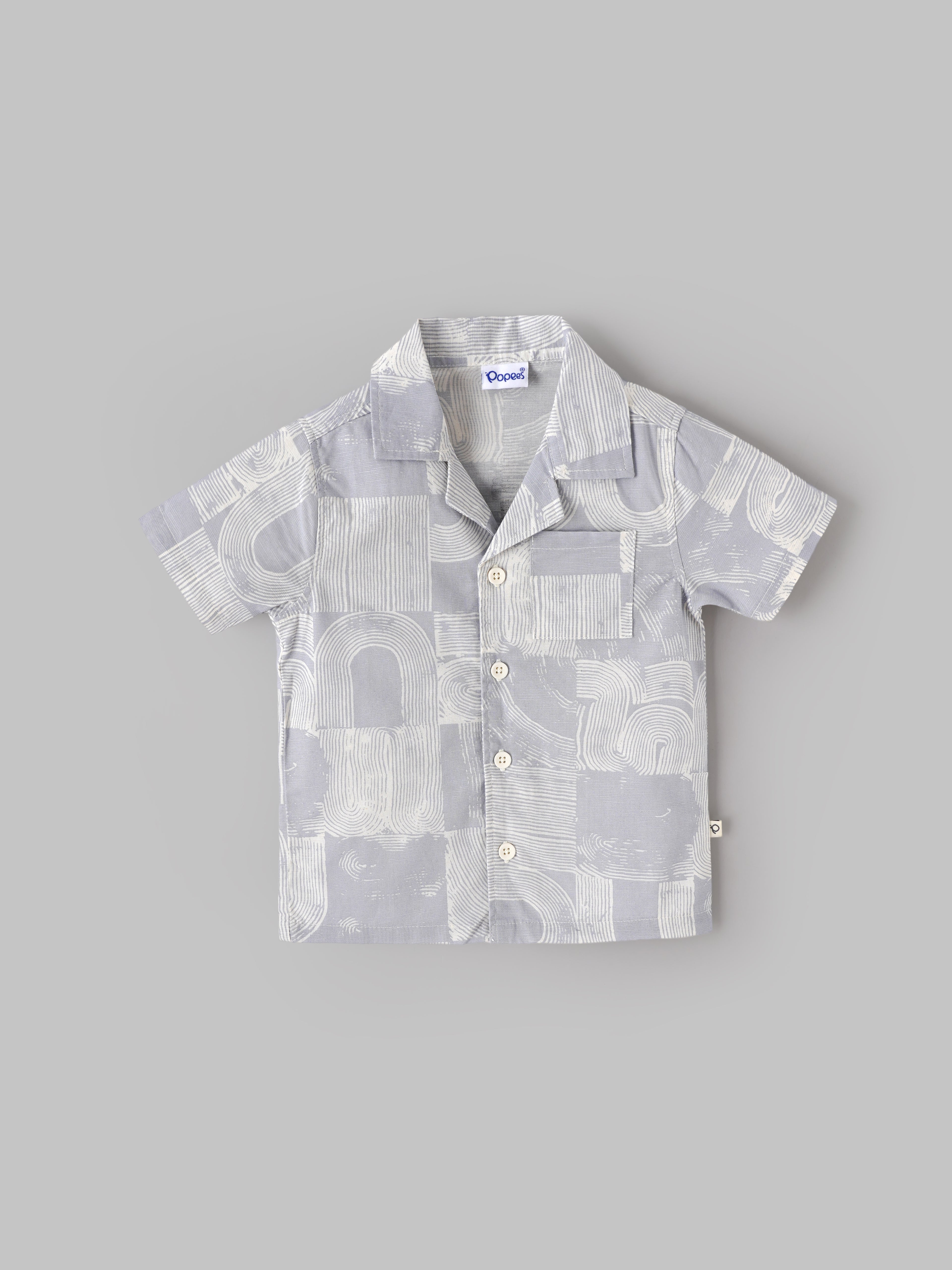Popees Baby Boys Printed Cotton Linen Shirt | Cream | Short Sleeve Collared Shirt | 3–24 Months