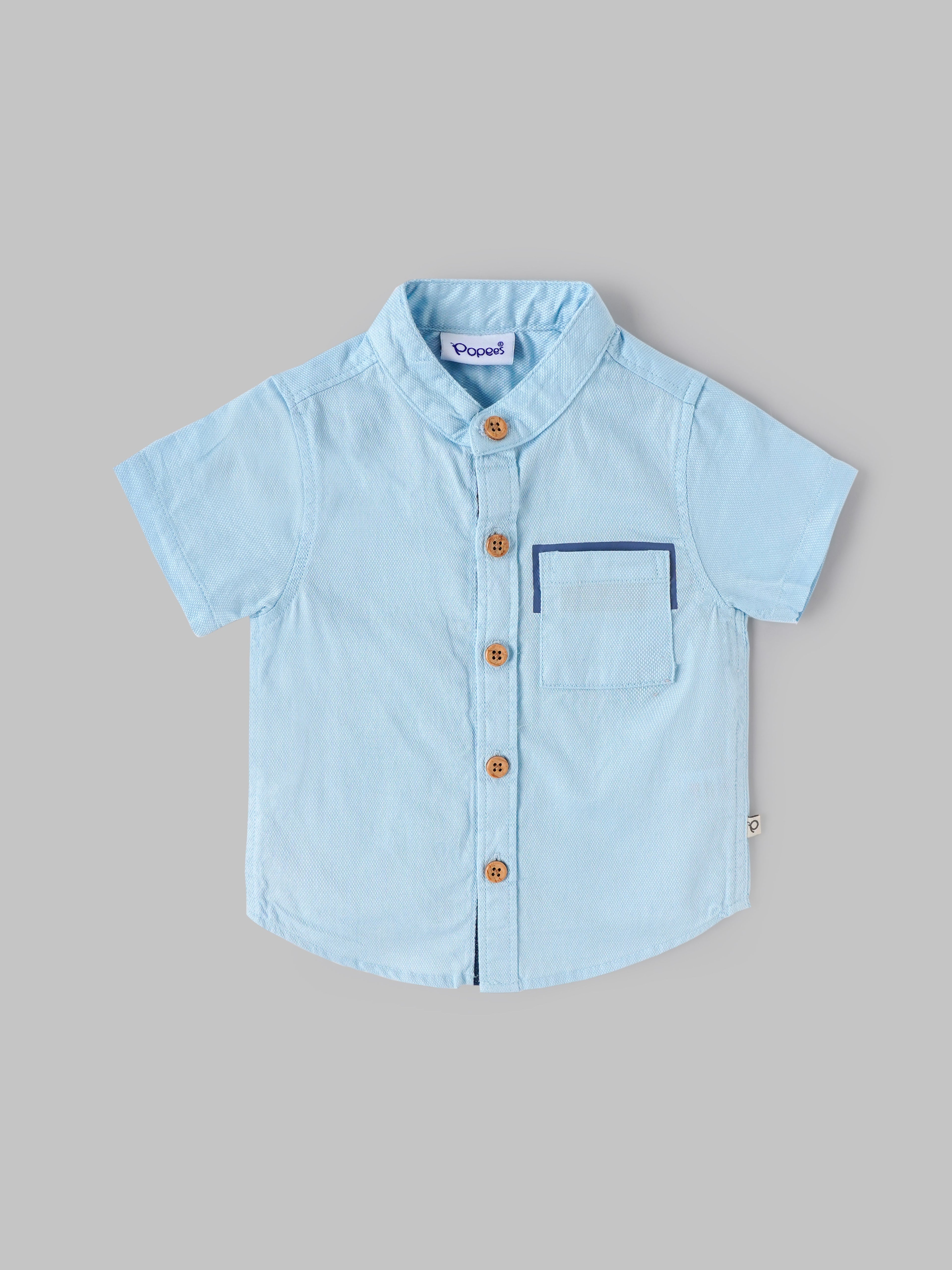 Popees Boys Cotton Mandarin Collar Shirt with Pocket, Soft Breathable Short Sleeve Casual Shirt for Baby Boys| Size 9M to 36M
