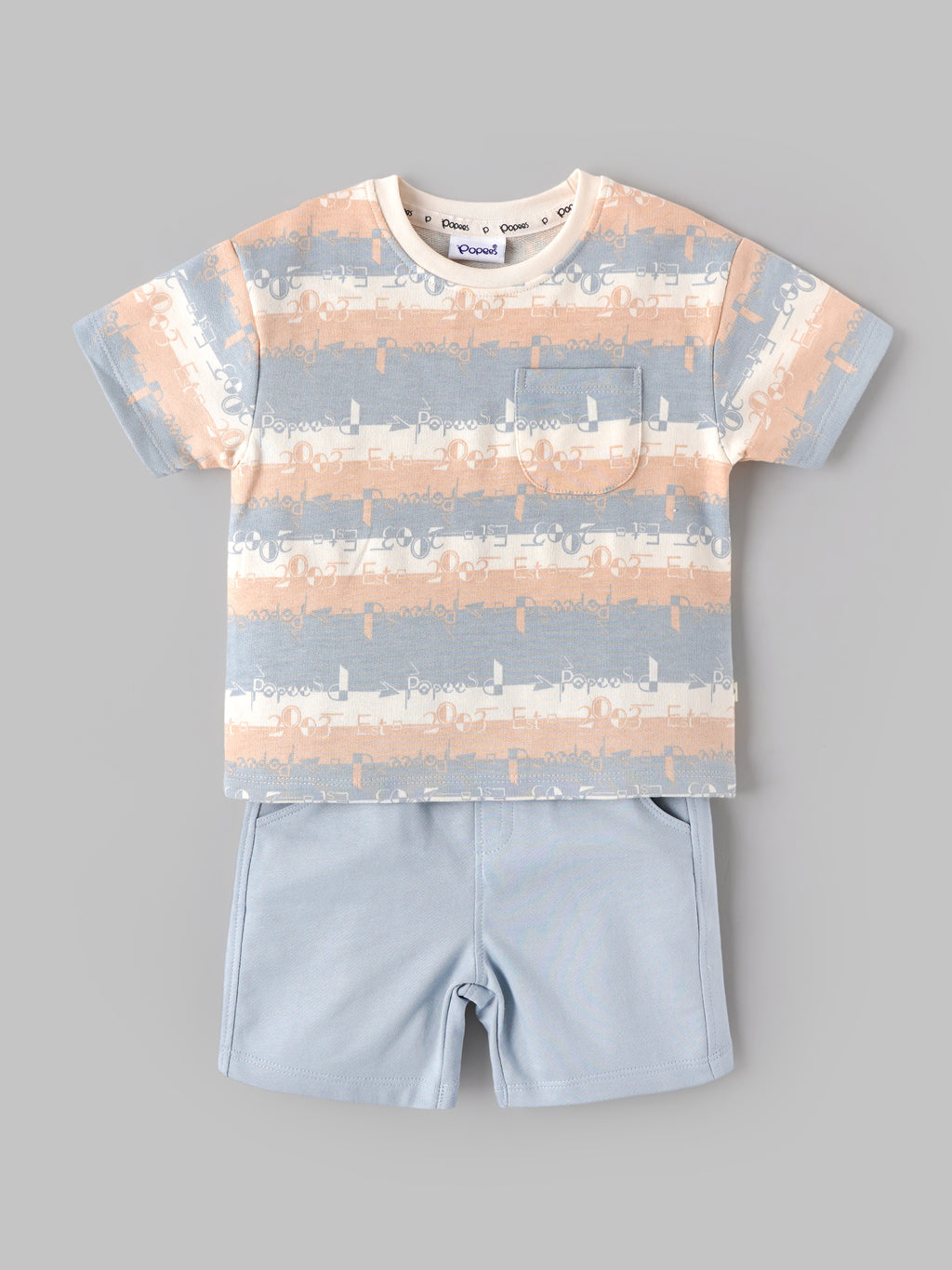 Popees Baby Boys Printed Cotton T-Shirt & Shorts Set | Blue & Peach Summer Co-Ord Outfit with Pocket | 3-24 Months
