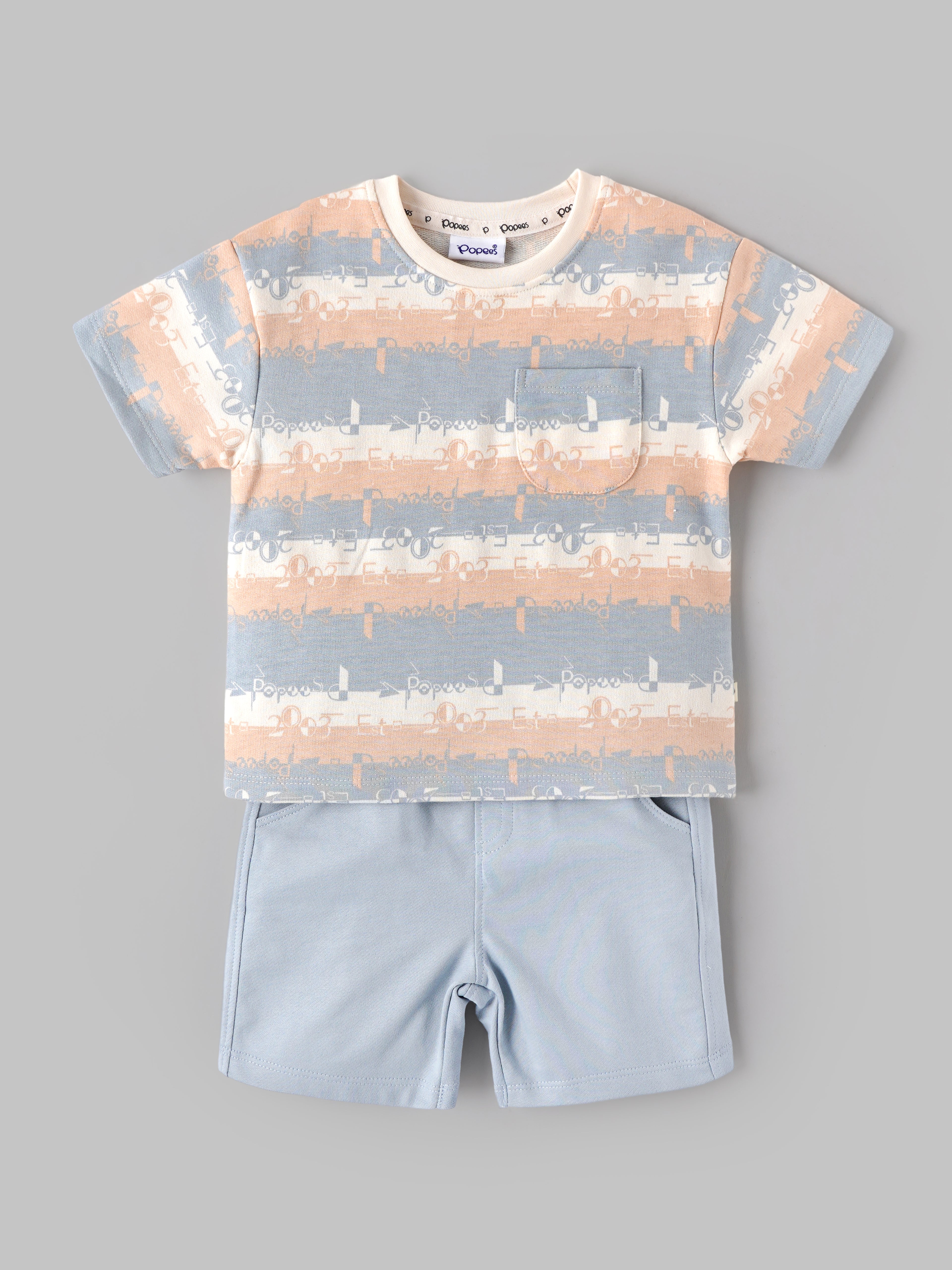 Popees Baby Boys Printed Cotton T-Shirt & Shorts Set | Blue & Peach Summer Co-Ord Outfit with Pocket | 3-24 Months