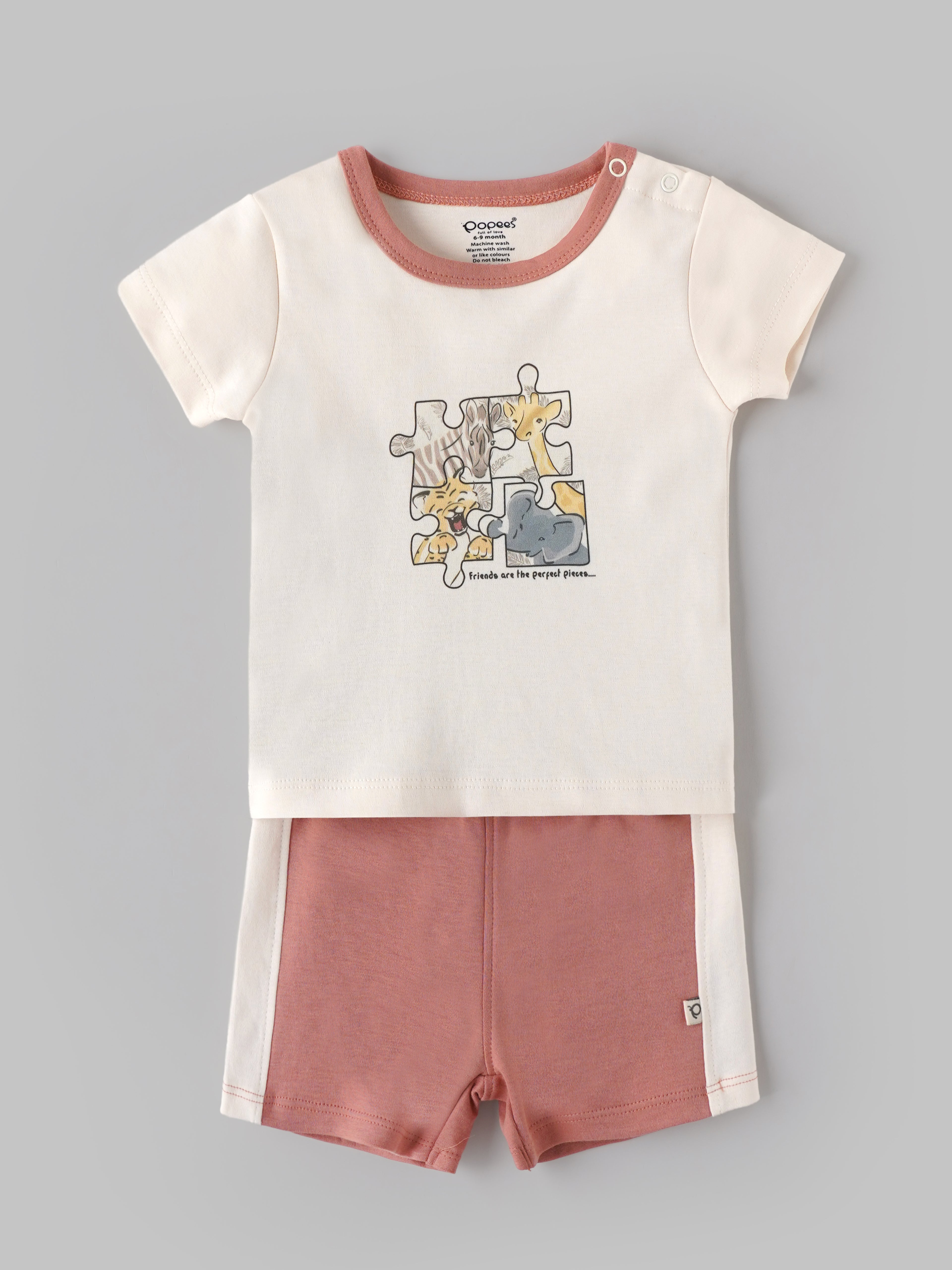 Popees Baby Boys Cotton T-Shirt & Shorts Set | Animal Puzzle Print Top with Contrast Shorts | 3–24 Months