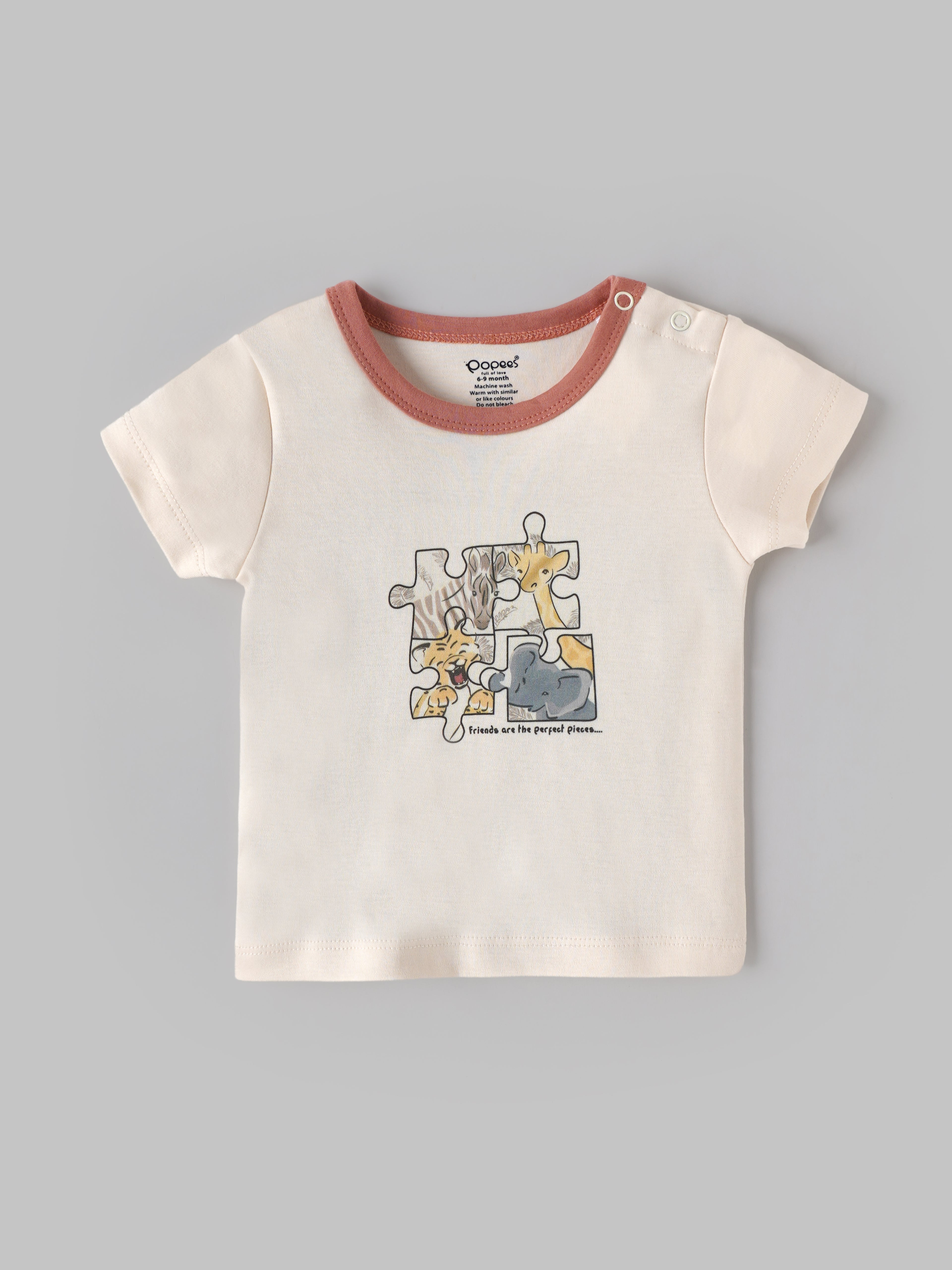 Popees Baby Boys Cotton T-Shirt & Shorts Set | Animal Puzzle Print Top with Contrast Shorts | 3–24 Months