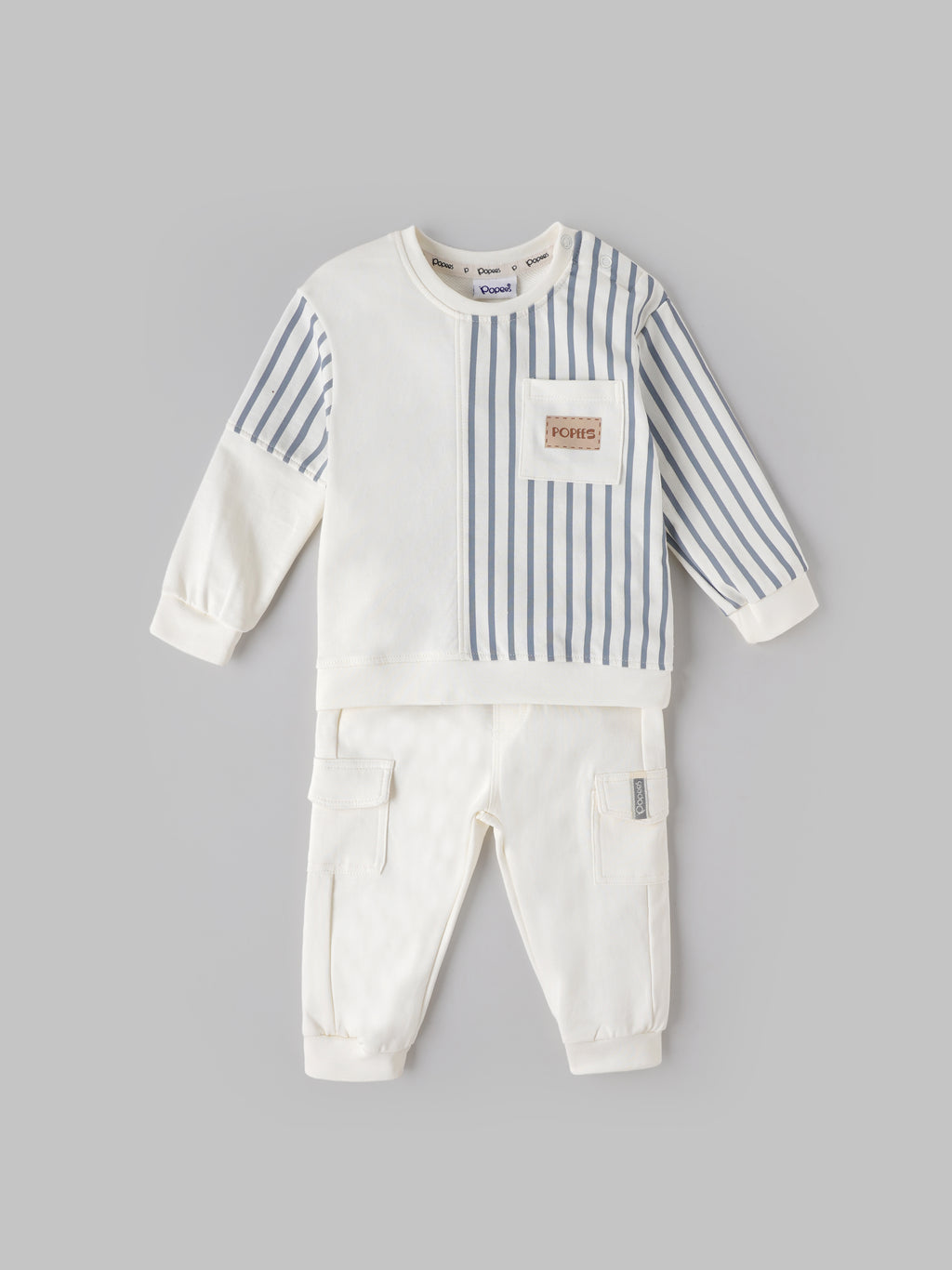 Popees Baby Boys Snow White Co-Ord Set | Striped Top & Jogger Pant | 3-24 Months