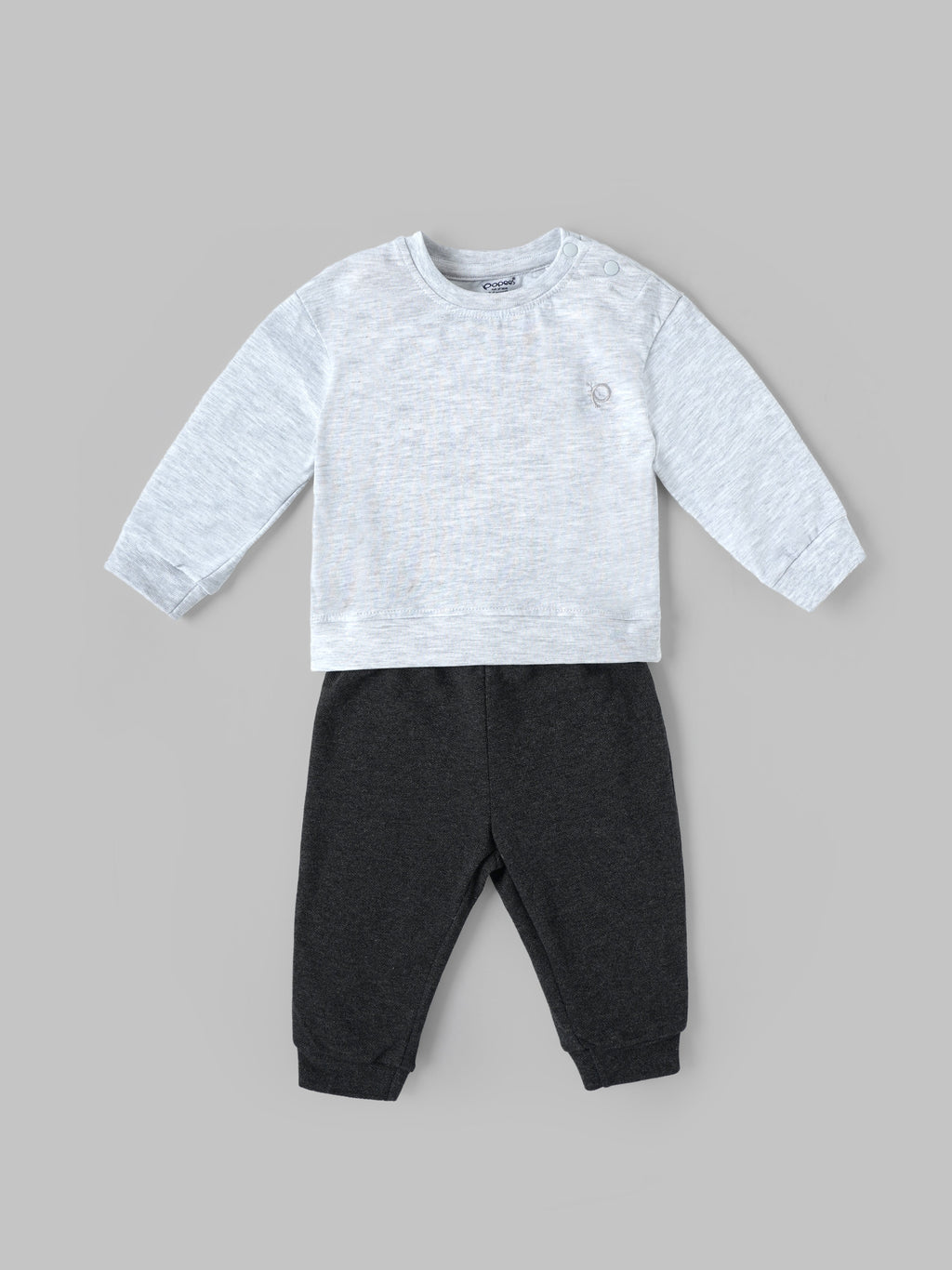 Popees Baby Boys Grey Full Sleeve T-Shirt & Dark Grey Jogger Pants Set with Shoulder Snap Closure| 3–24 Months