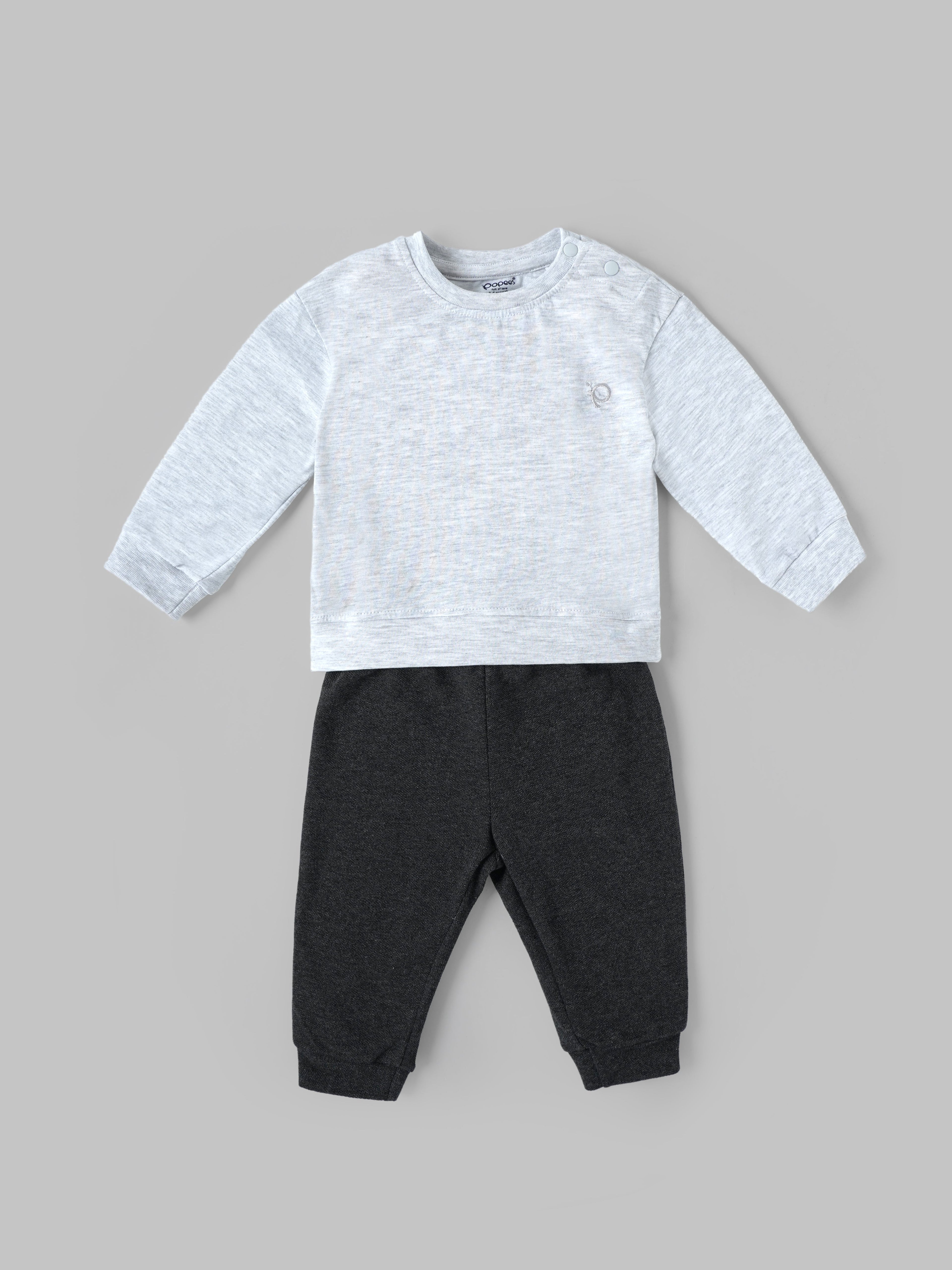 Popees Baby Boys Grey Full Sleeve T-Shirt & Dark Grey Jogger Pants Set with Shoulder Snap Closure| 3–24 Months