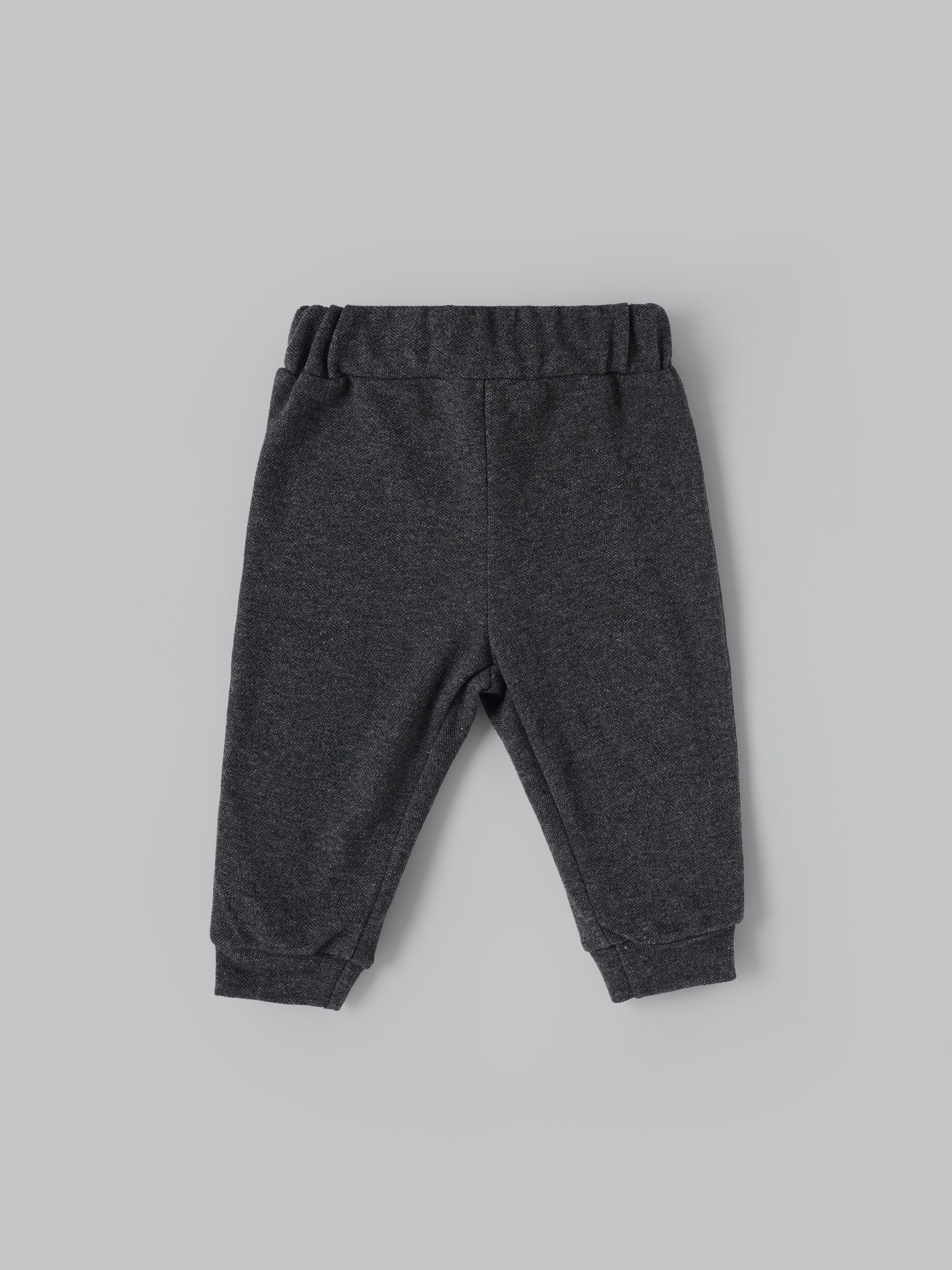 Popees Baby Boys Grey Full Sleeve T-Shirt & Dark Grey Jogger Pants Set with Shoulder Snap Closure| 3–24 Months