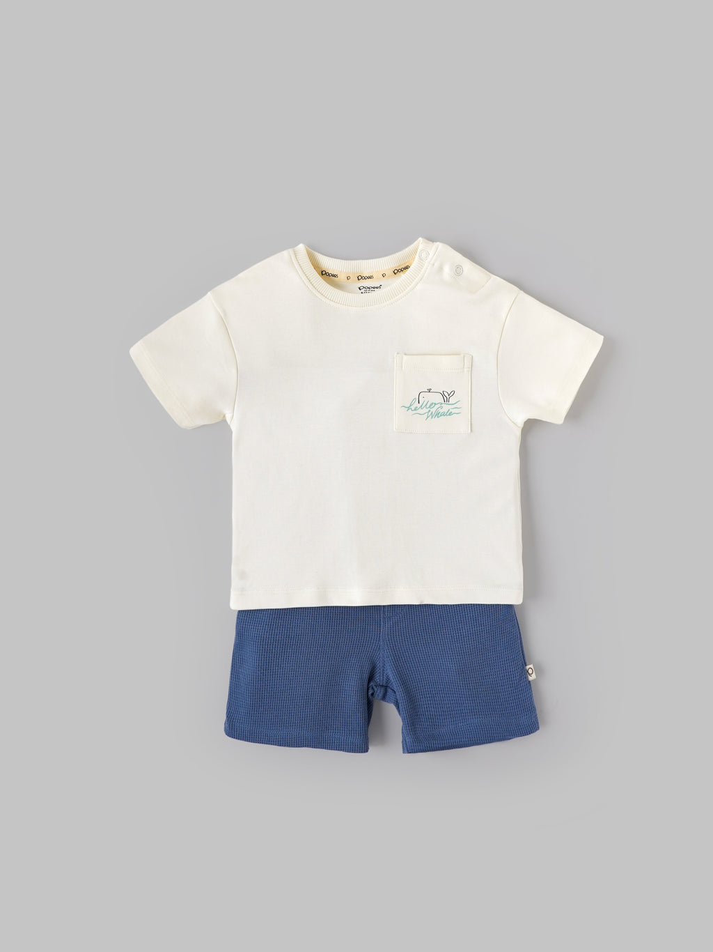 Popees Baby Boys Off-White T-shirt and Blue Shorts Set| 3-24 Months