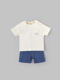 Popees Baby Boys Off-White T-shirt and Blue Shorts Set| 3-24 Months