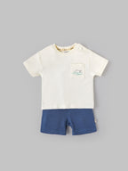 Popees Baby Boys Off-White T-shirt and Blue Shorts Set| 3-24 Months