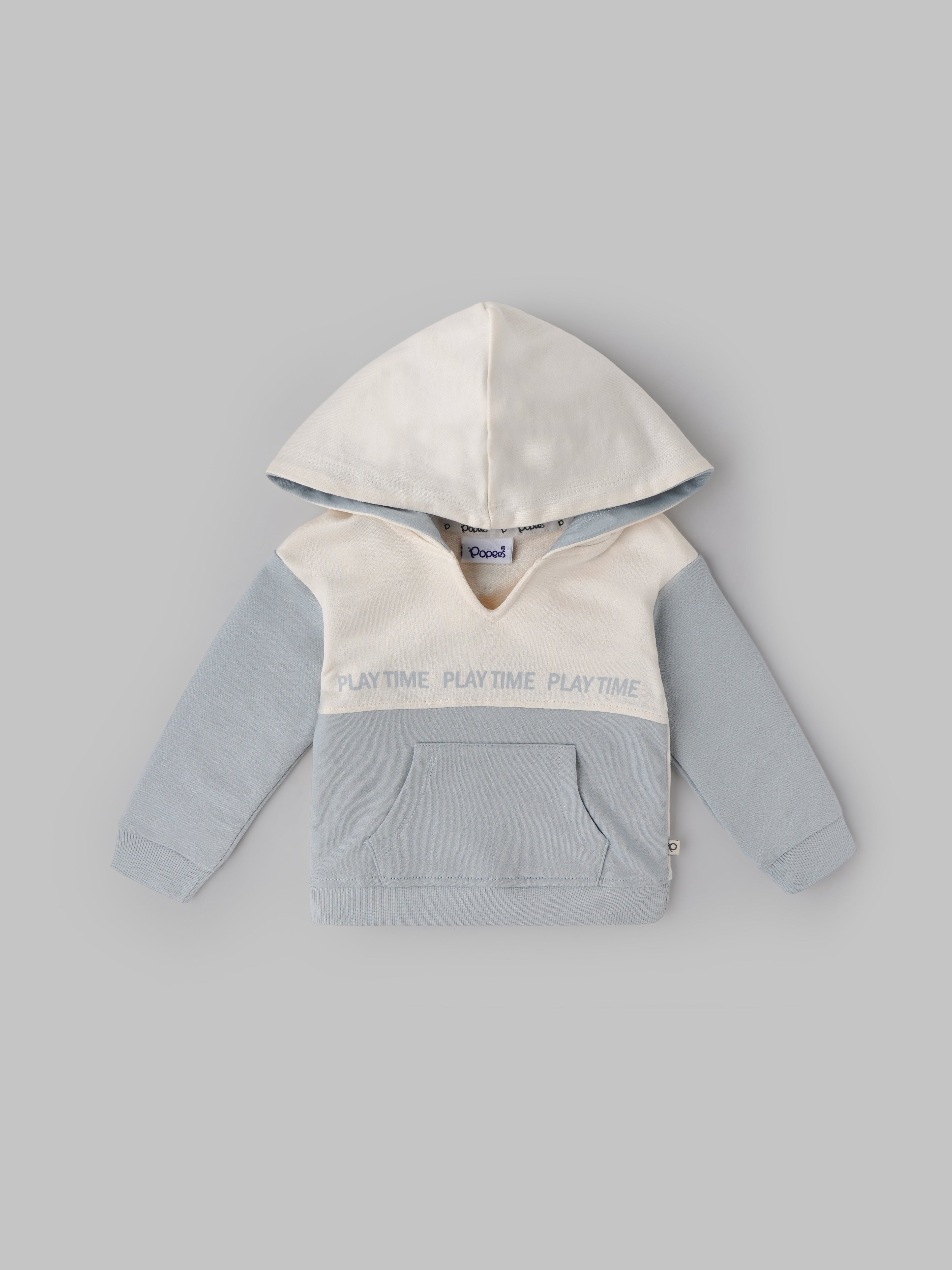 Popees Baby Boy Hooded Sweatshirt| Blue & Cream| 3-24 Months