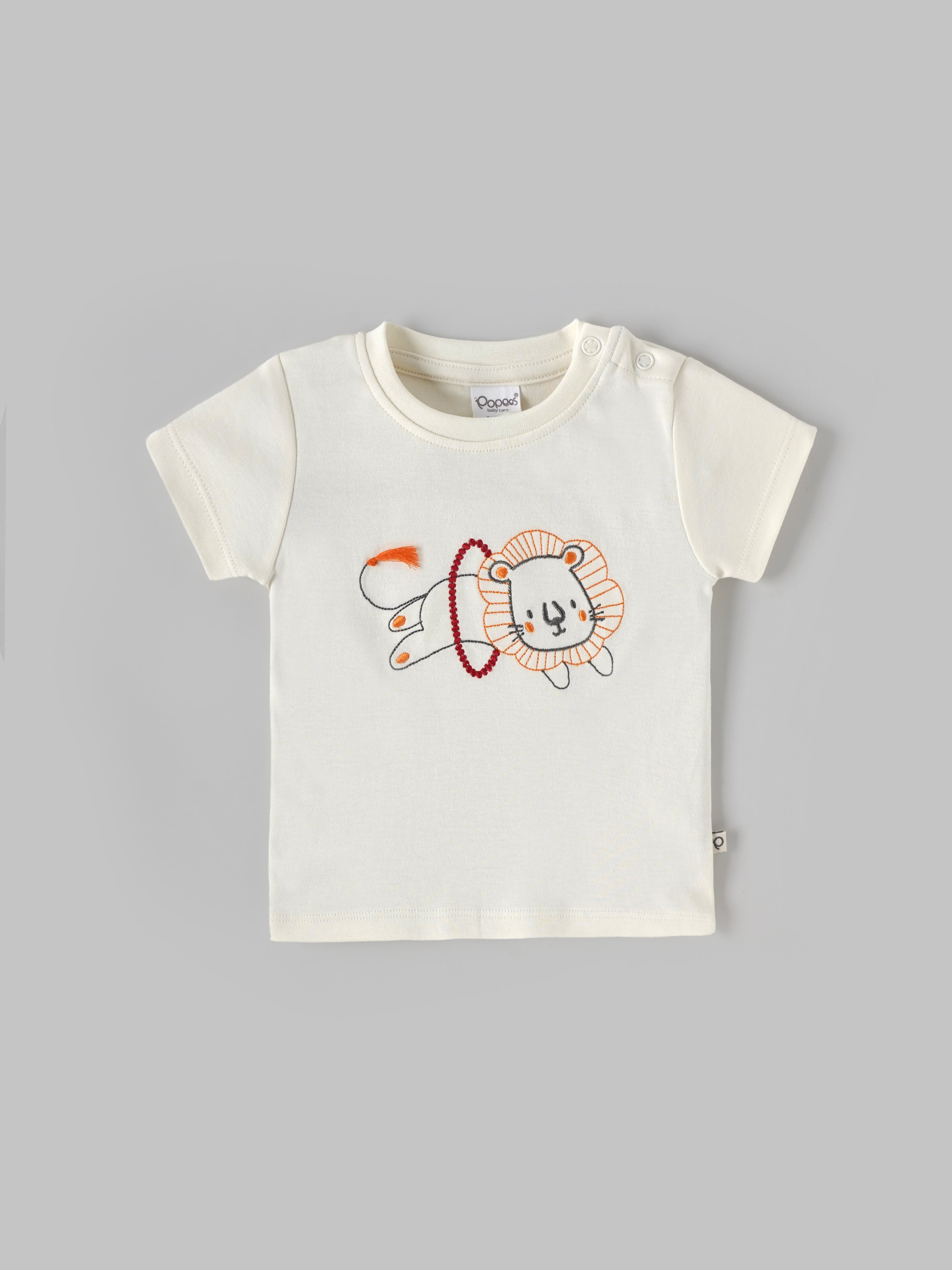 Popees Baby Boys Cotton T-Shirt with Lion Embroidery & Snap Button| 3-36 Months