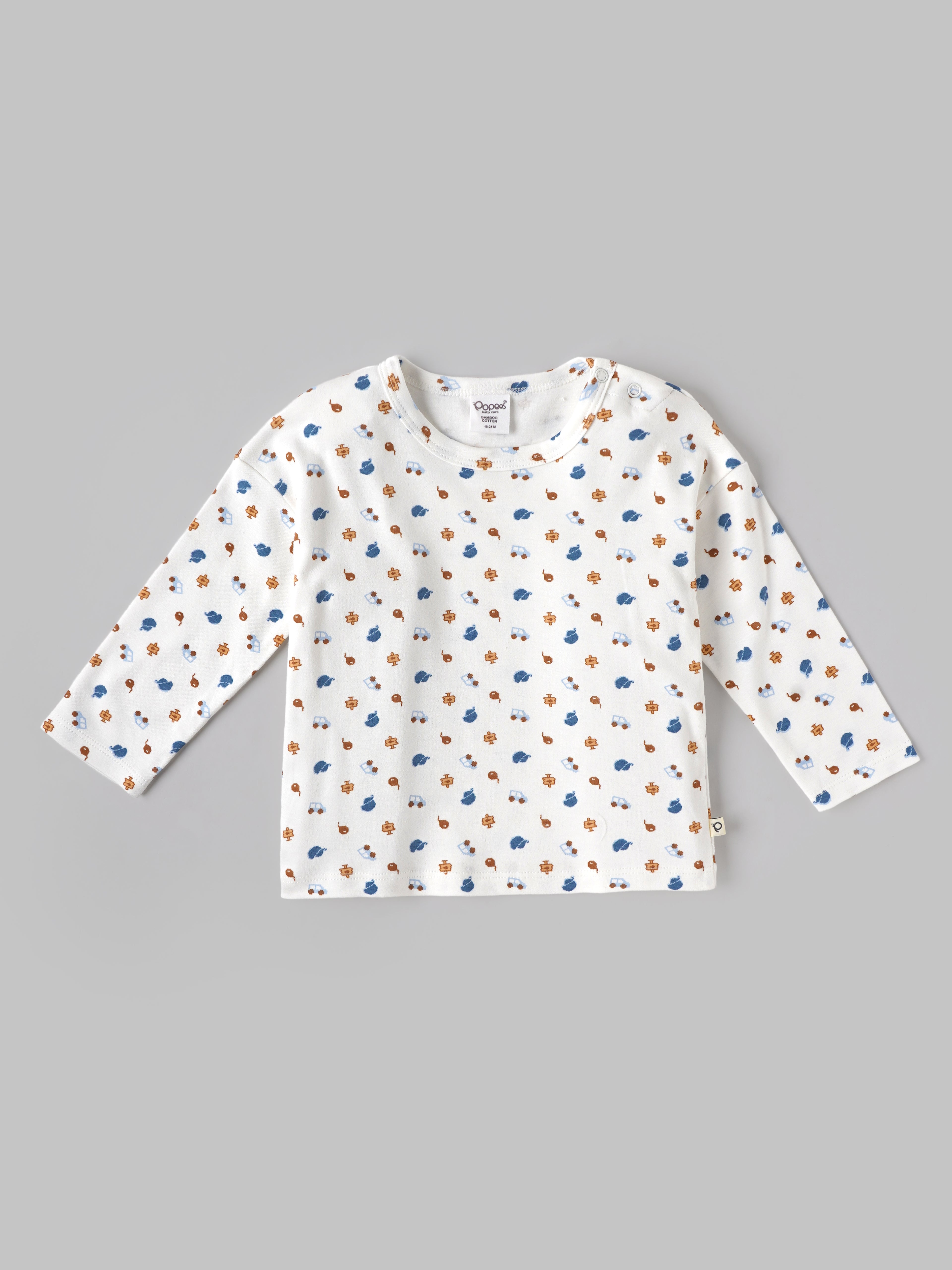 Popees Baby Boys Bamboo Cotton Printed T-Shirt | Soft & Breathable Full Sleeve Round Neck Tee | White Everyday Wear Top (3–24 Months)