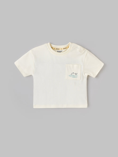 Popees Baby Boys Cotton T-Shirt with Pocket| Cream| 3-36 Months