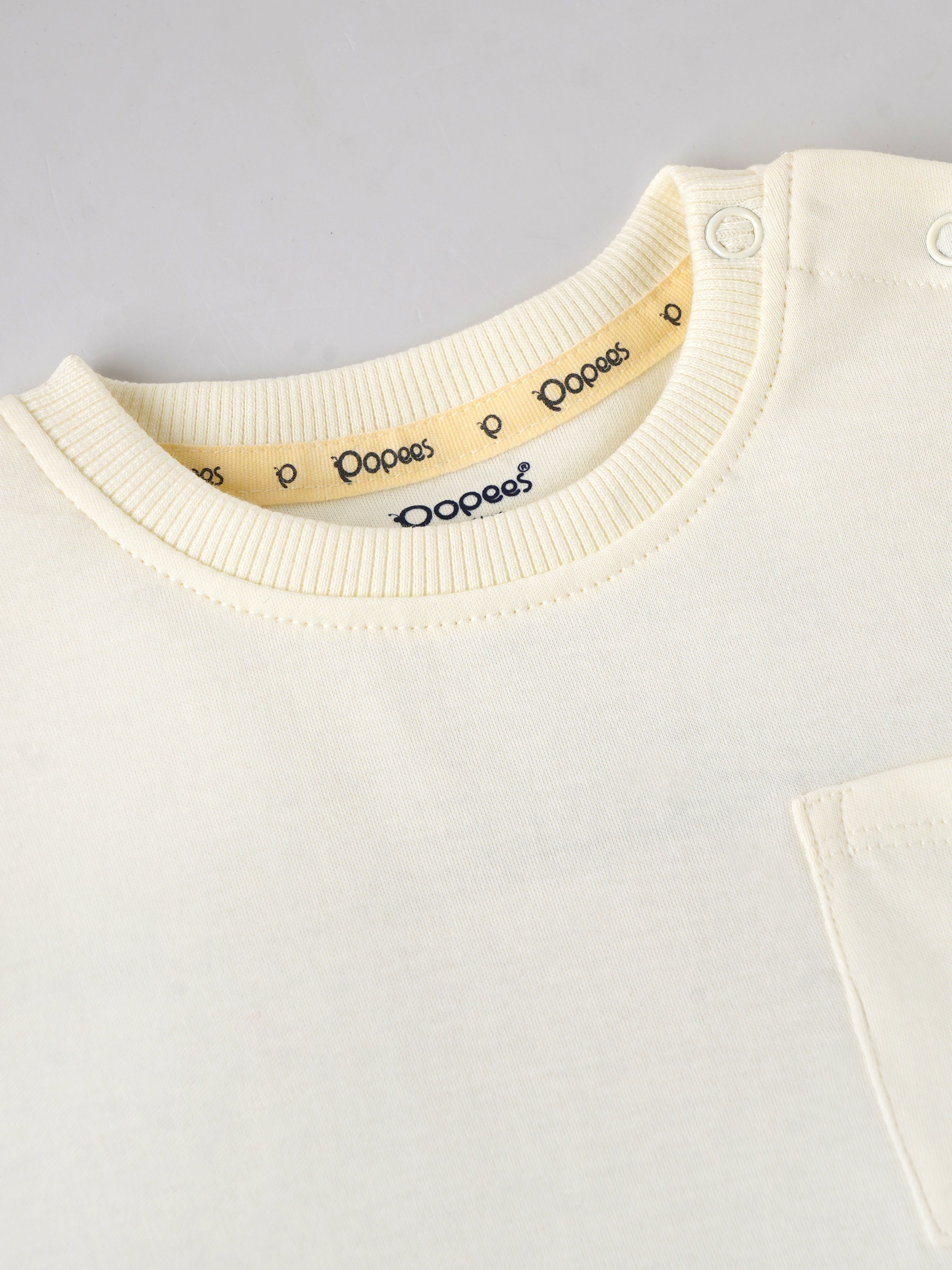 Popees Baby Boys Cotton T-Shirt with Pocket| Cream| 3-36 Months