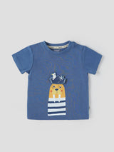 Popees Baby Boys Blue Cotton T-Shirt with Lion & Bird 3D Appliqué Design, Short Sleeve Casual Wear| 3–36 Months