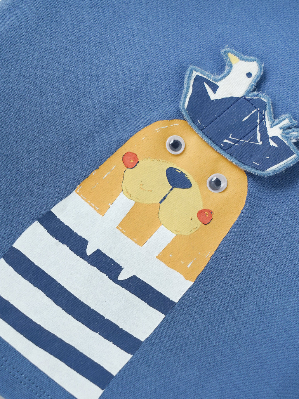 Popees Baby Boys Blue Cotton T-Shirt with Lion & Bird 3D Appliqué Design, Short Sleeve Casual Wear| 3–36 Months