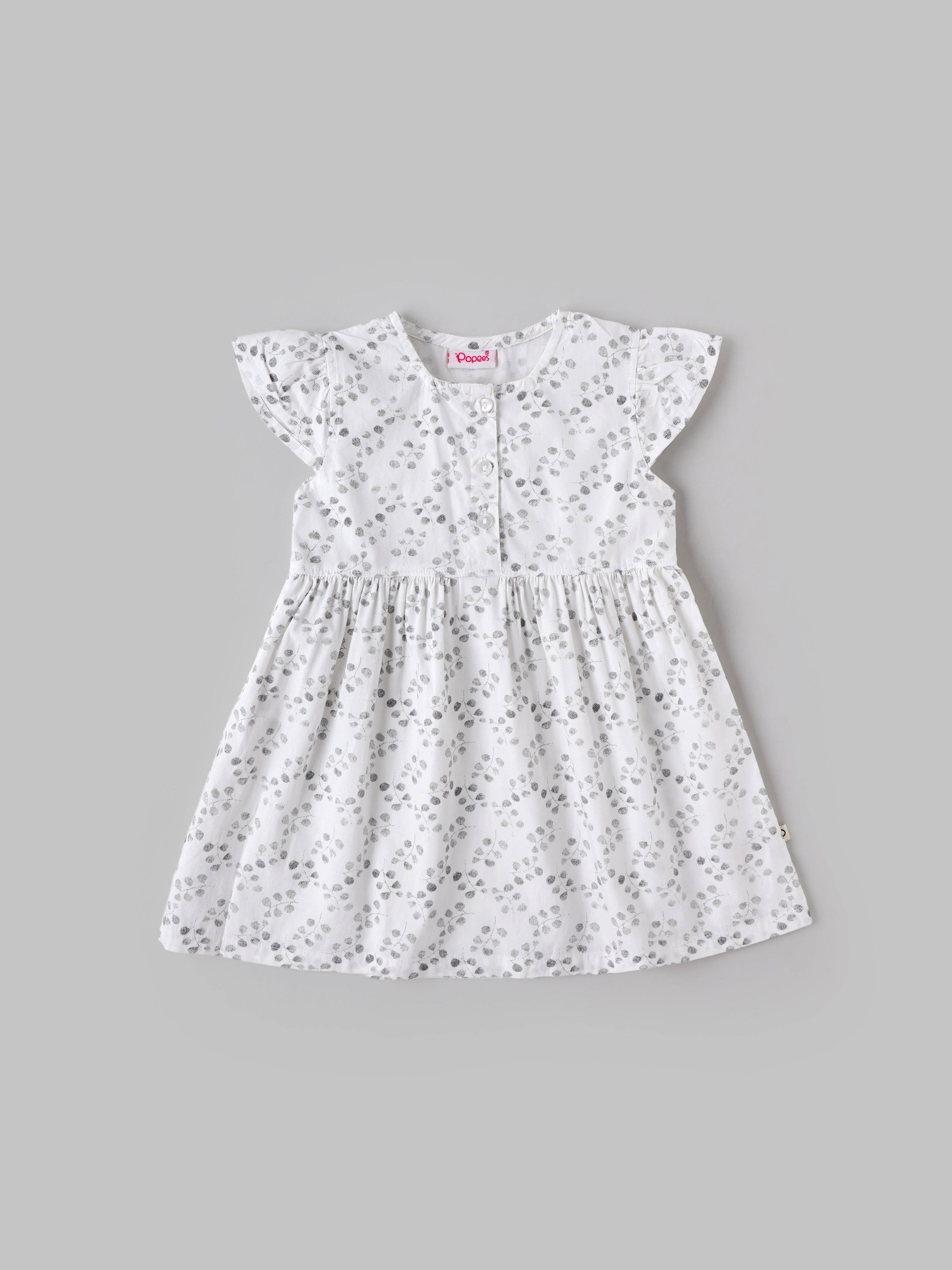 Popees Baby Girls Cotton Dress with Flutter Sleeves| White| 3-36 Months