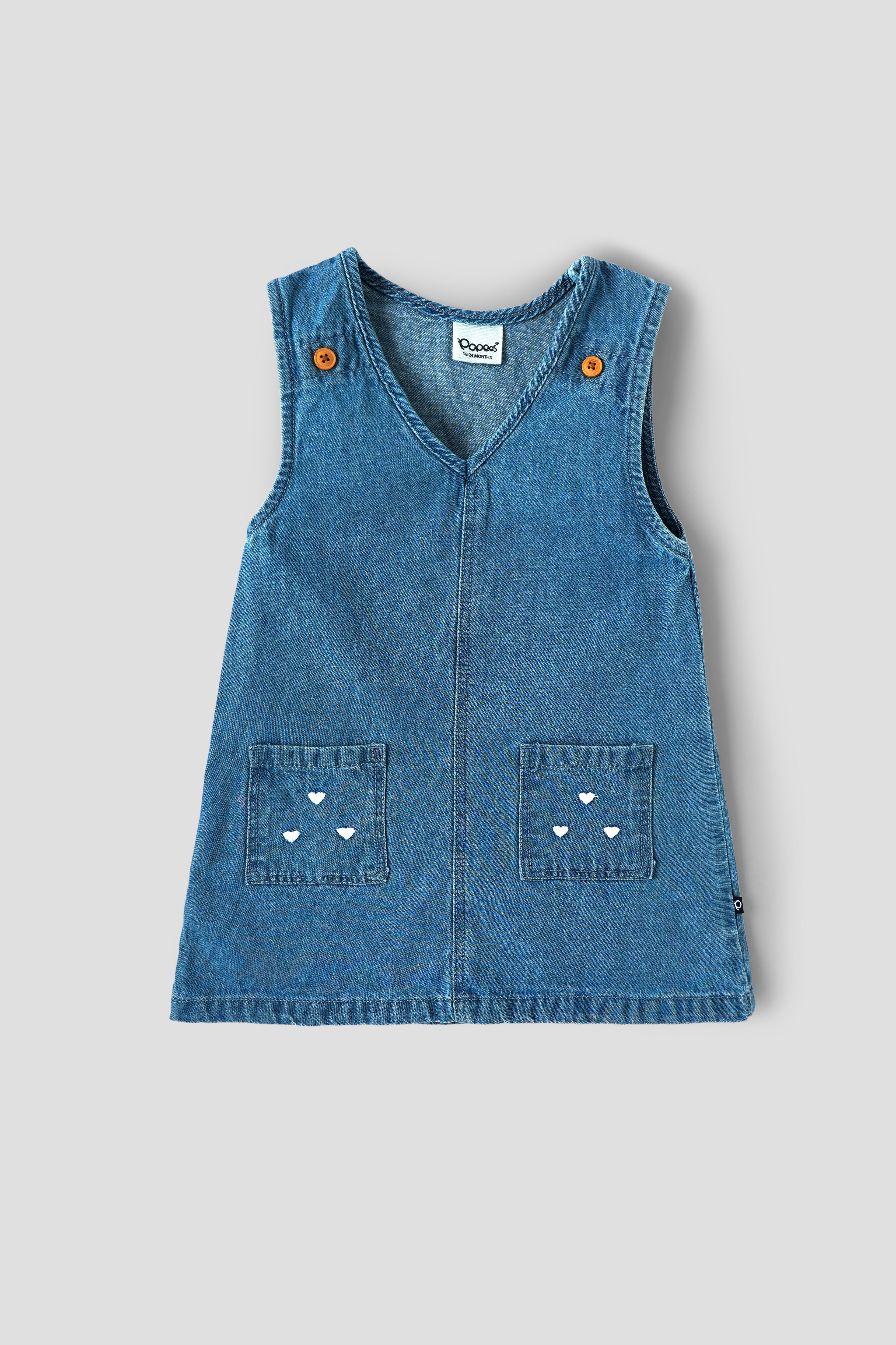 Popees Baby Girls Denim Sleeveless Dress with Heart Pockets |Soft Cotton Denim Outfit (3–36 Months)