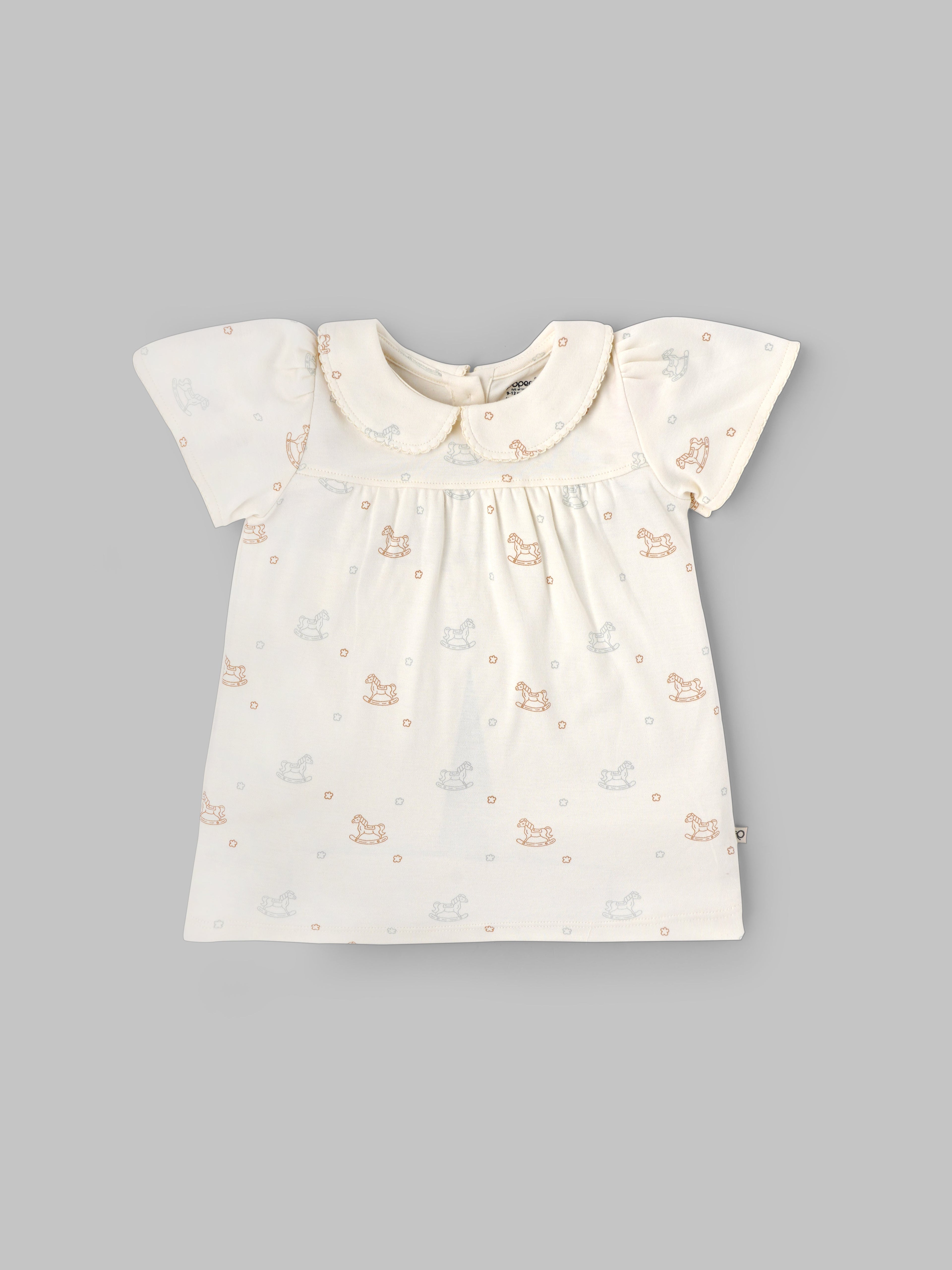 Popees Baby Girls Short Sleeve Cotton Dress| Off White| 3-24 Months