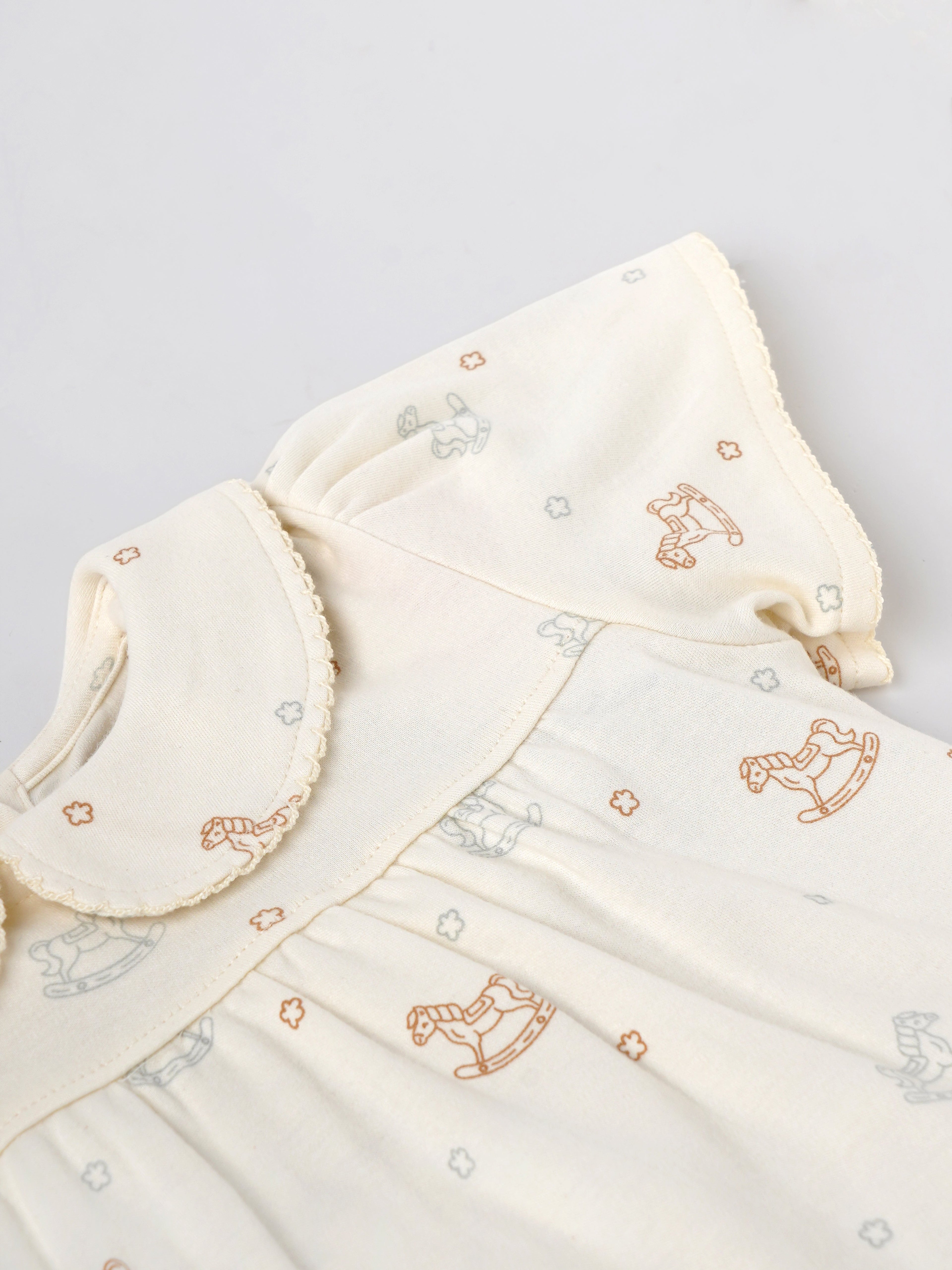 Popees Baby Girls Short Sleeve Cotton Dress| Off White| 3-24 Months