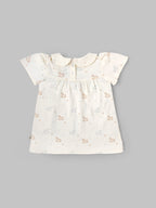 Popees Baby Girls Short Sleeve Cotton Dress| Off White| 3-24 Months